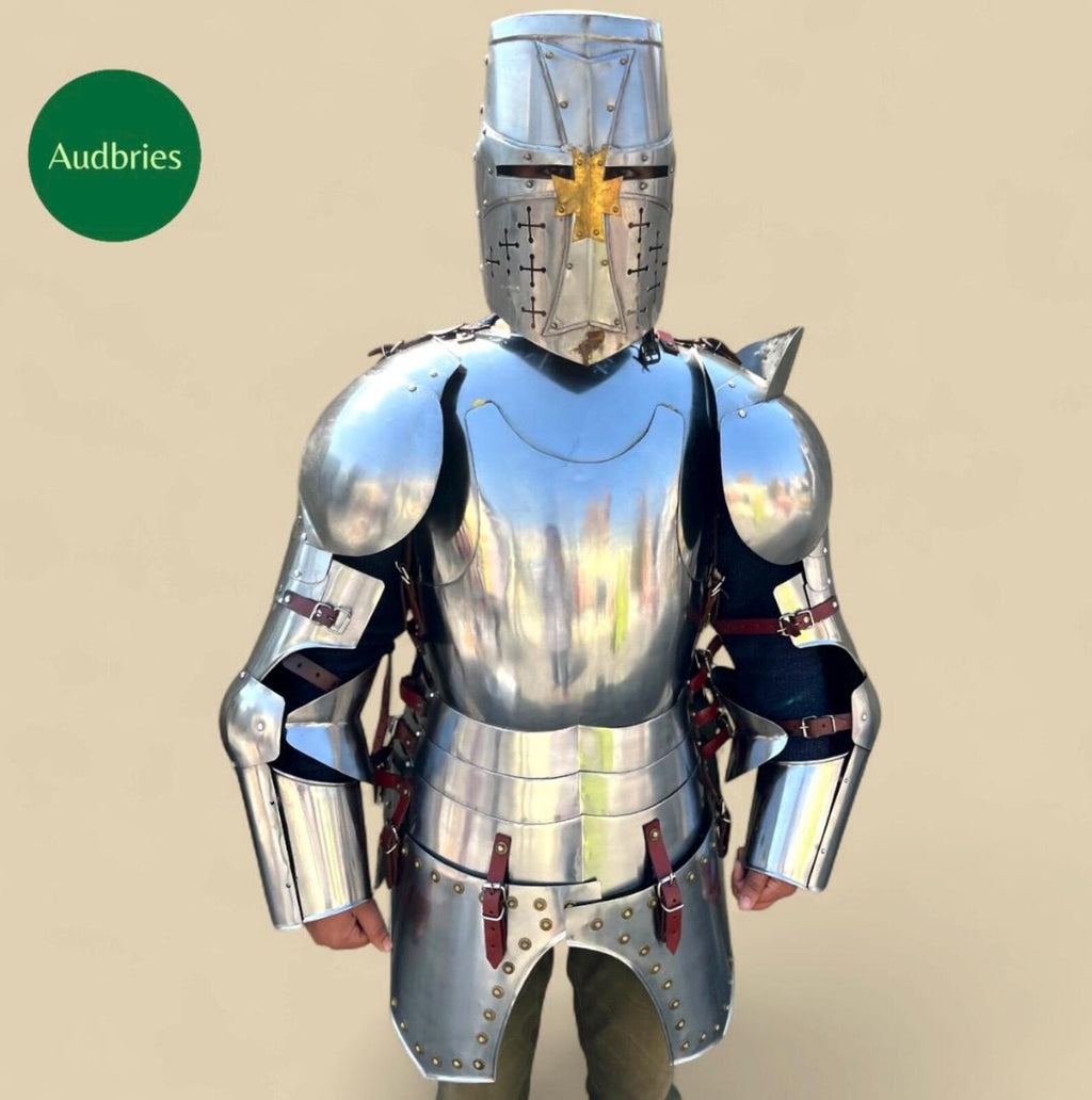 Handmade Medieval Knight Full Armor Suit | Steel Breastplate, Helmet, Pauldrons & Gauntlets | Wearable Costume Armor | LARP | Cosplay Gear