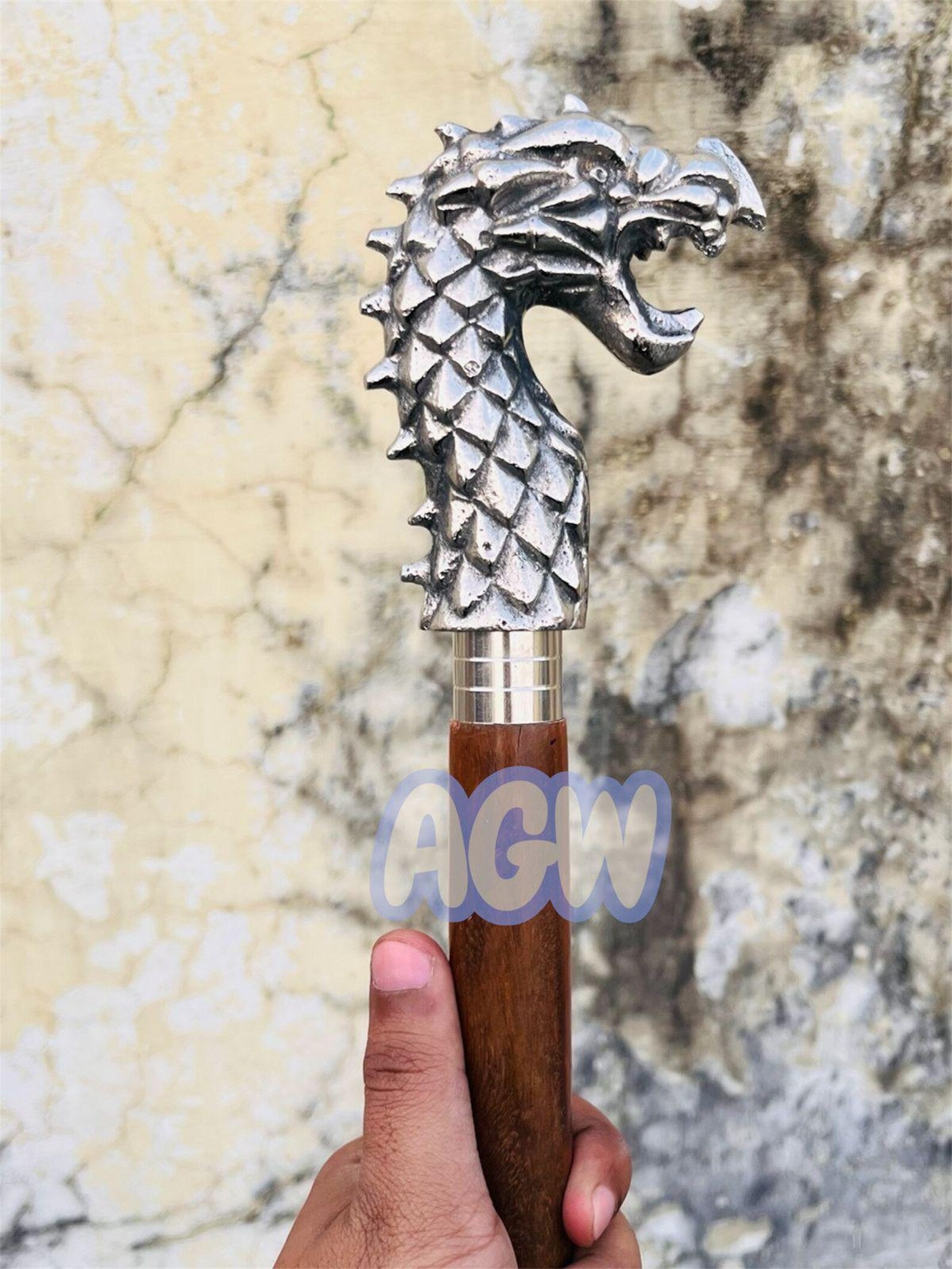 Dragon Head Walking Cane - Alloy Handle, Hardwood Shaft