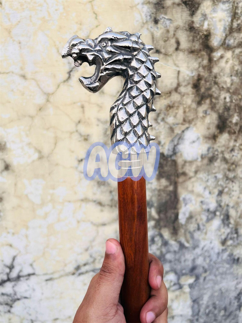 Dragon Head Walking Cane - Alloy Handle, Hardwood Shaft