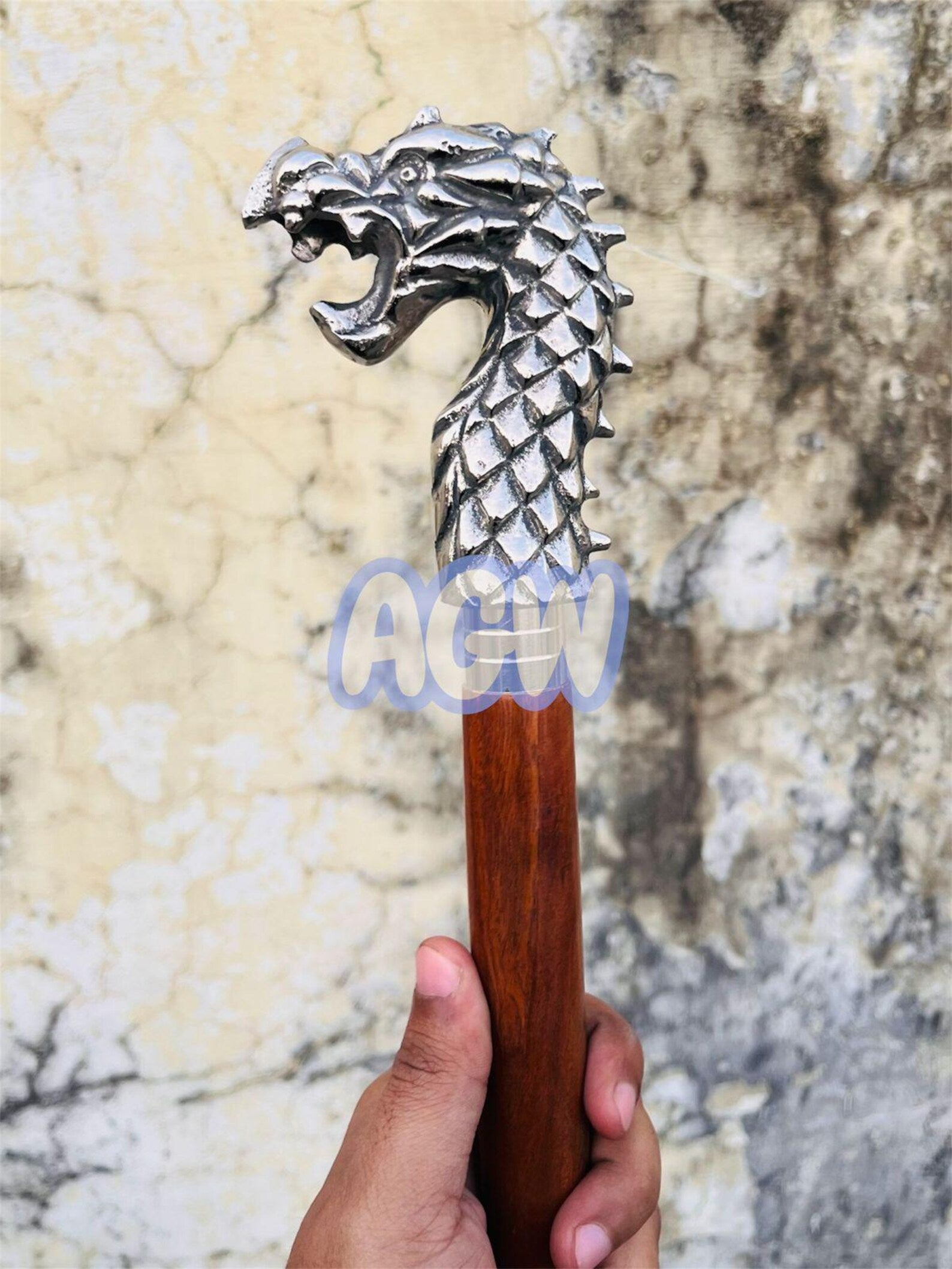 Dragon Head Walking Cane - Alloy Handle, Hardwood Shaft