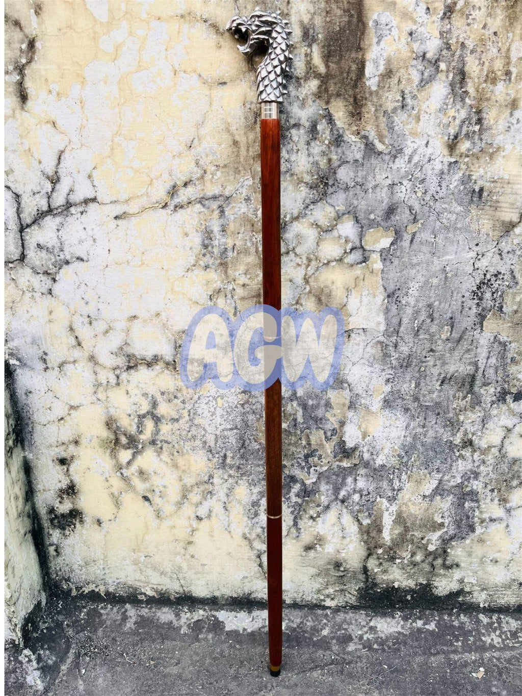 Dragon Head Walking Cane - Alloy Handle, Hardwood Shaft