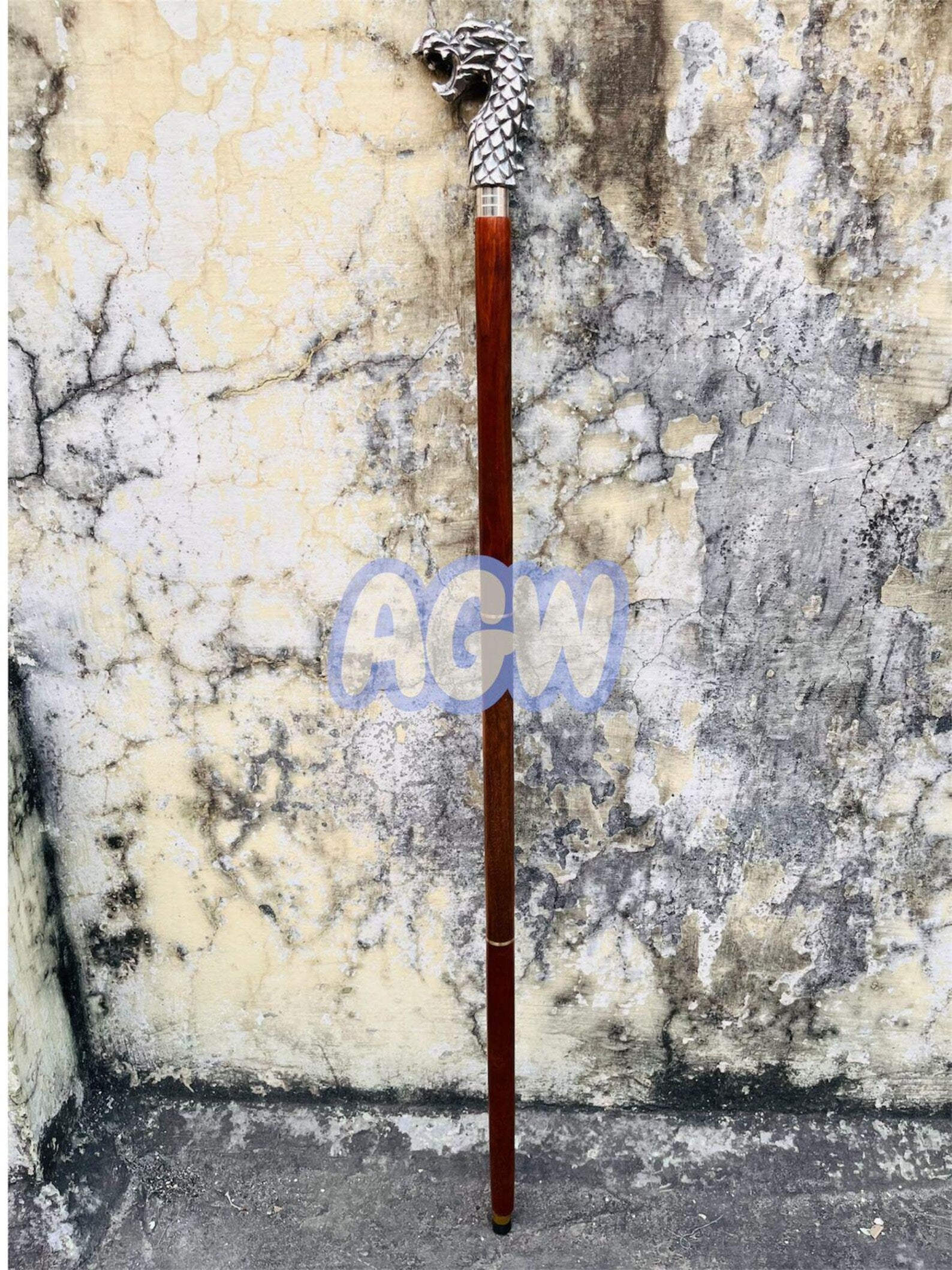 Dragon Head Walking Cane - Alloy Handle, Hardwood Shaft