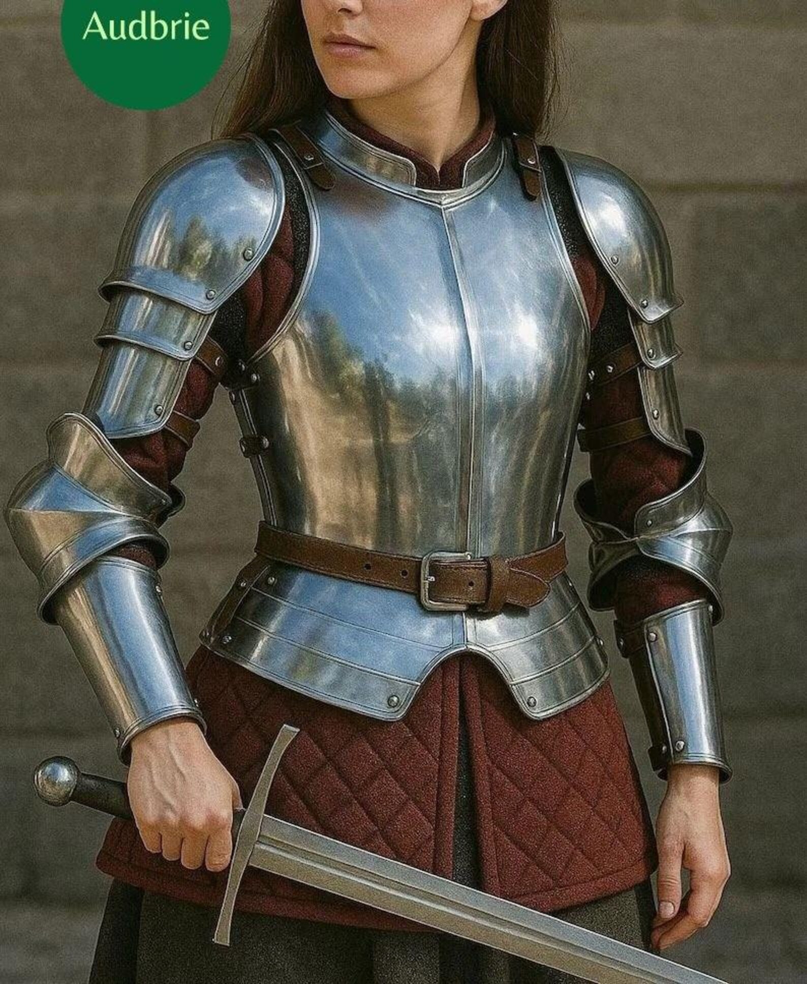 Woman wearing polished medieval steel armor suit with breastplate, pauldrons, and gauntlets while holding a sword.
