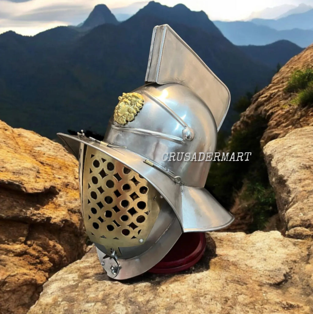 Roman Gladiator Helmet | Medieval Warrior Combat Armor Replica with Lion Crest & Face Guard