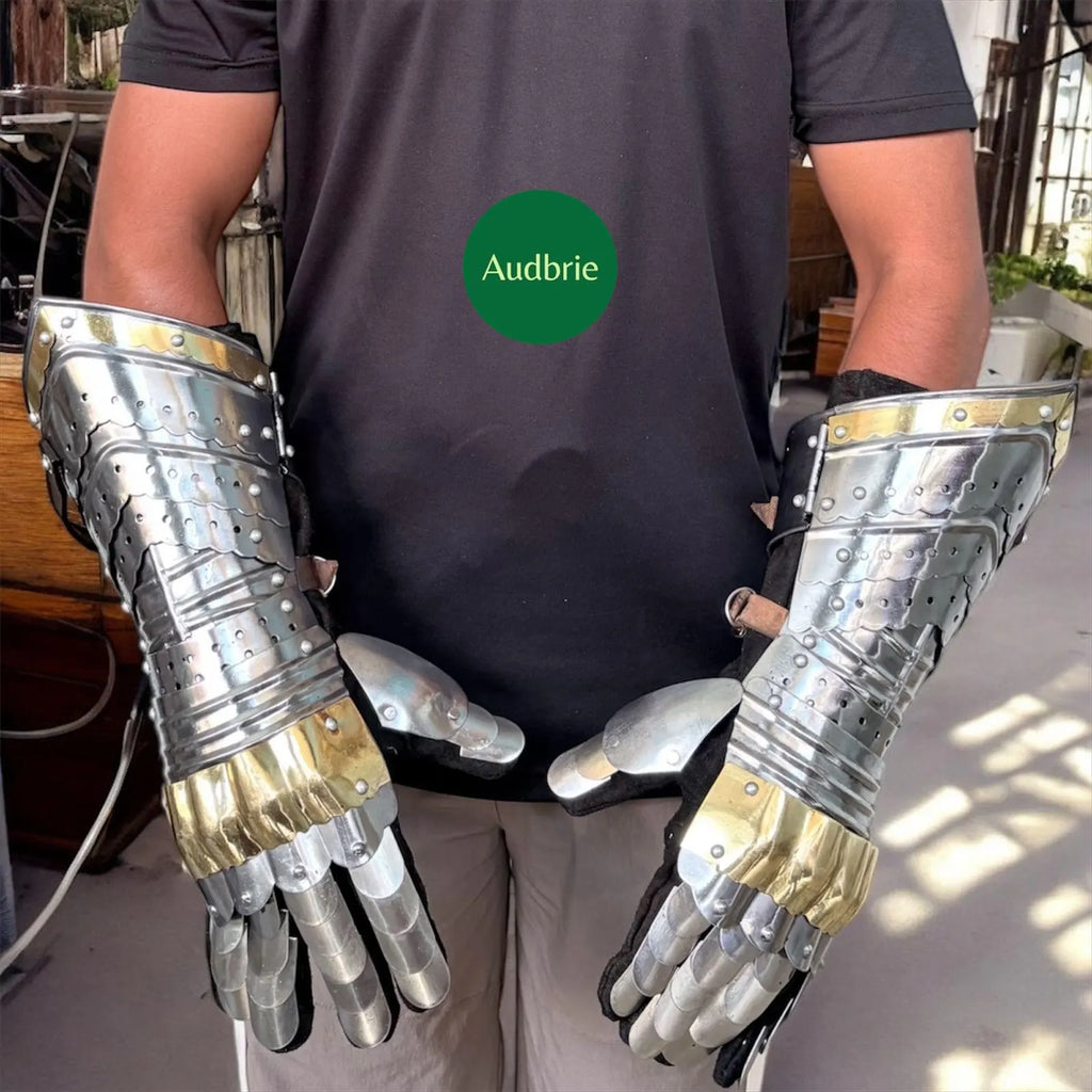 Armour-Pair-Brass-Accents-Gauntlet-Gloves-Medieval-Knight-Crusader-Steel Renaissance Cosplay, LARP, or Display Collectable