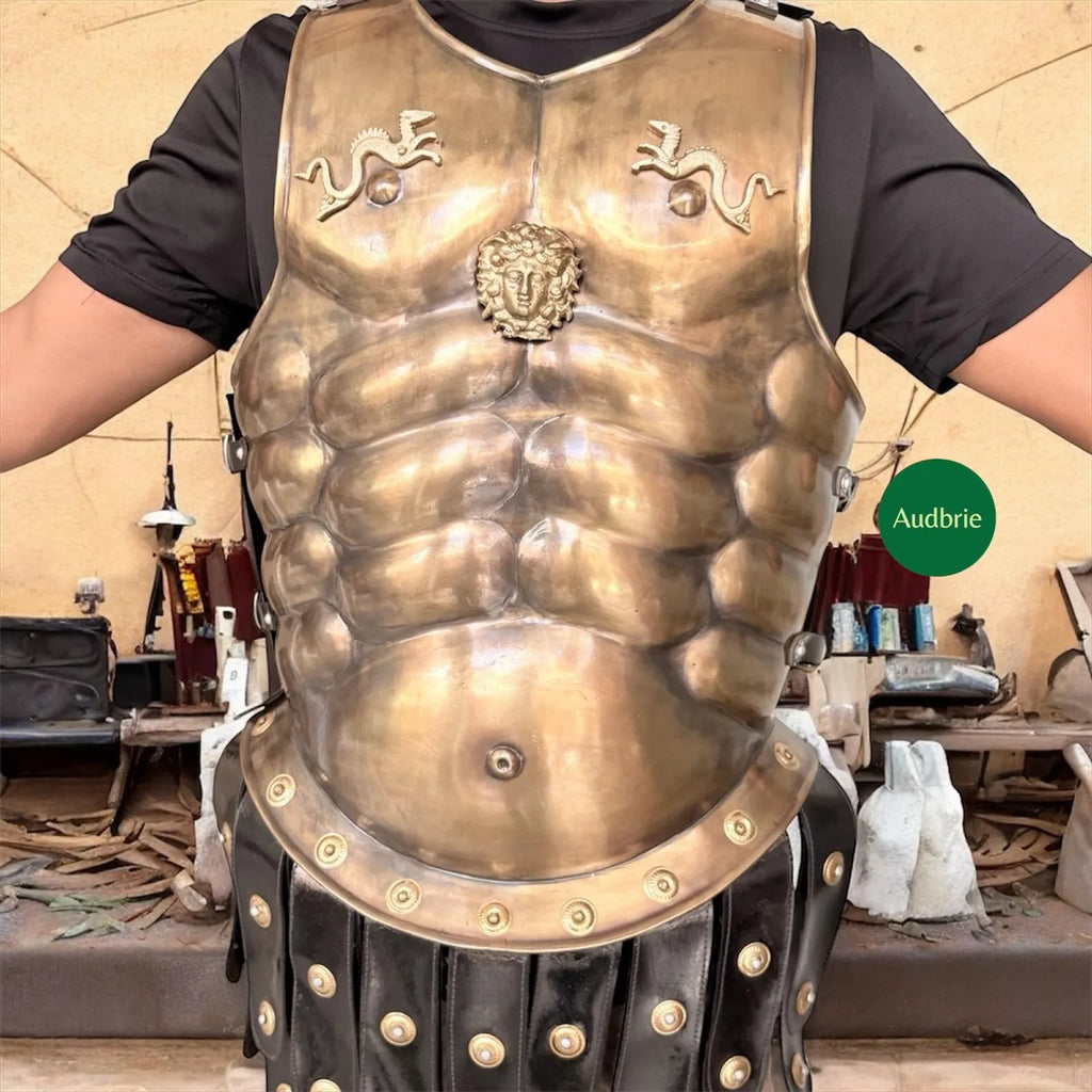 Handcrafted Bronze Greek Spartan Muscle Armor Set | Chestplate, Greaves, Bracers & Helmet | Medieval Costume Armor | Cosplay | LARP Gear