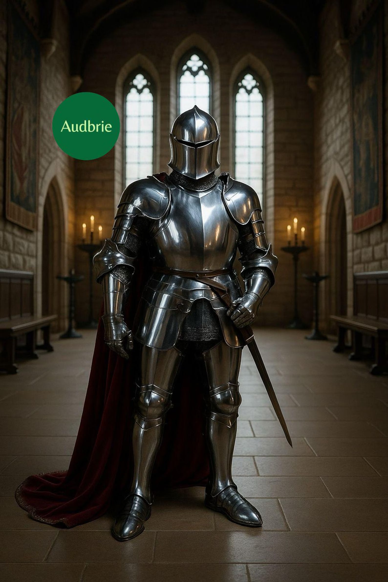 Medieval knight wearing a full steel plate armor suit with a red cape, holding a sword in a dramatic battle stance inside a castle hall.