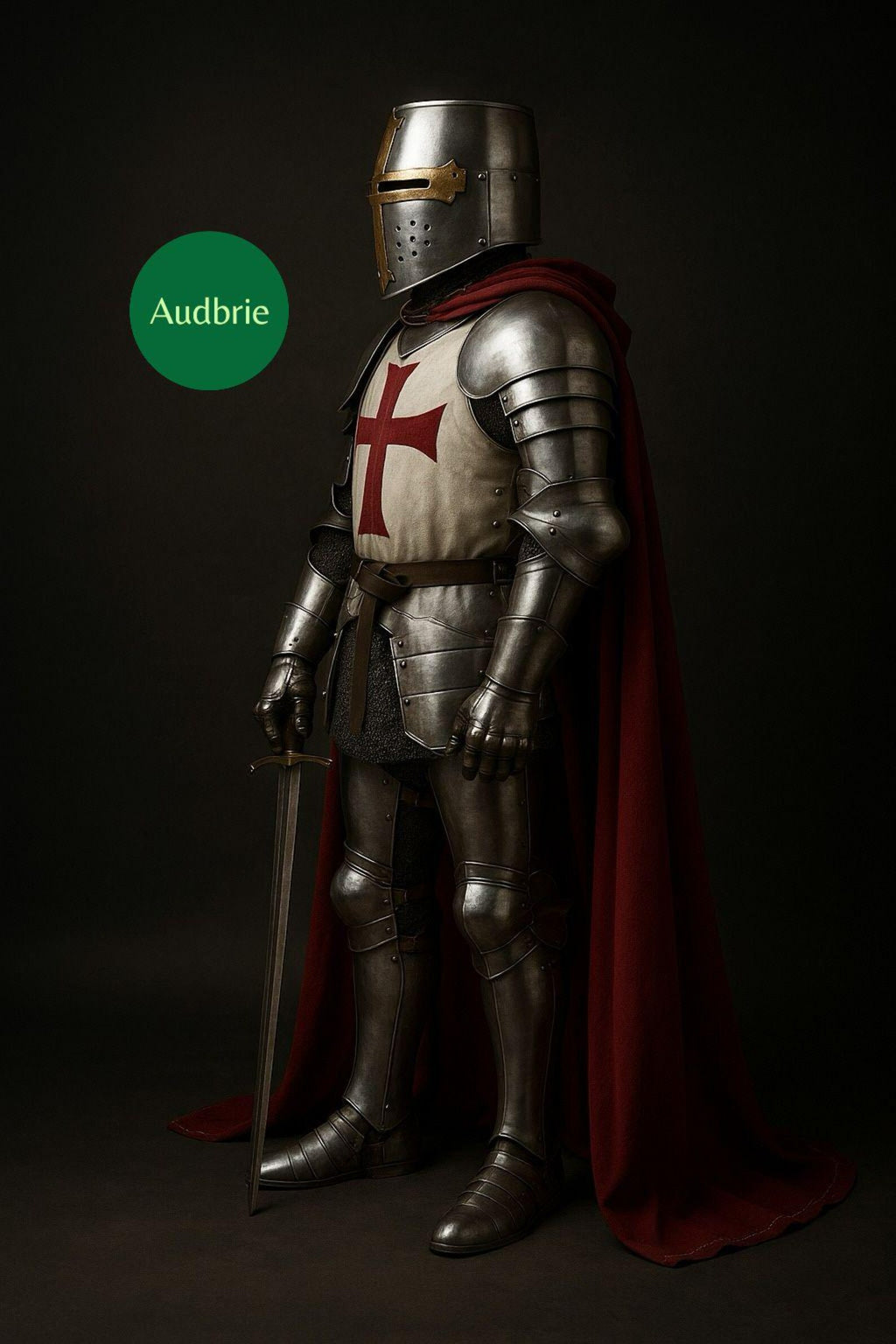 Templar knight armor display featuring a great helm, polished steel plate armor, and an engraved crusader shield in a stone-walled interior.