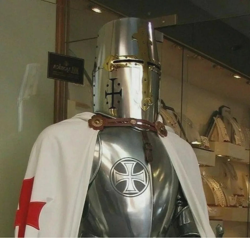 Sword of Damocles displayed in a glass case with a white cape and red cross.