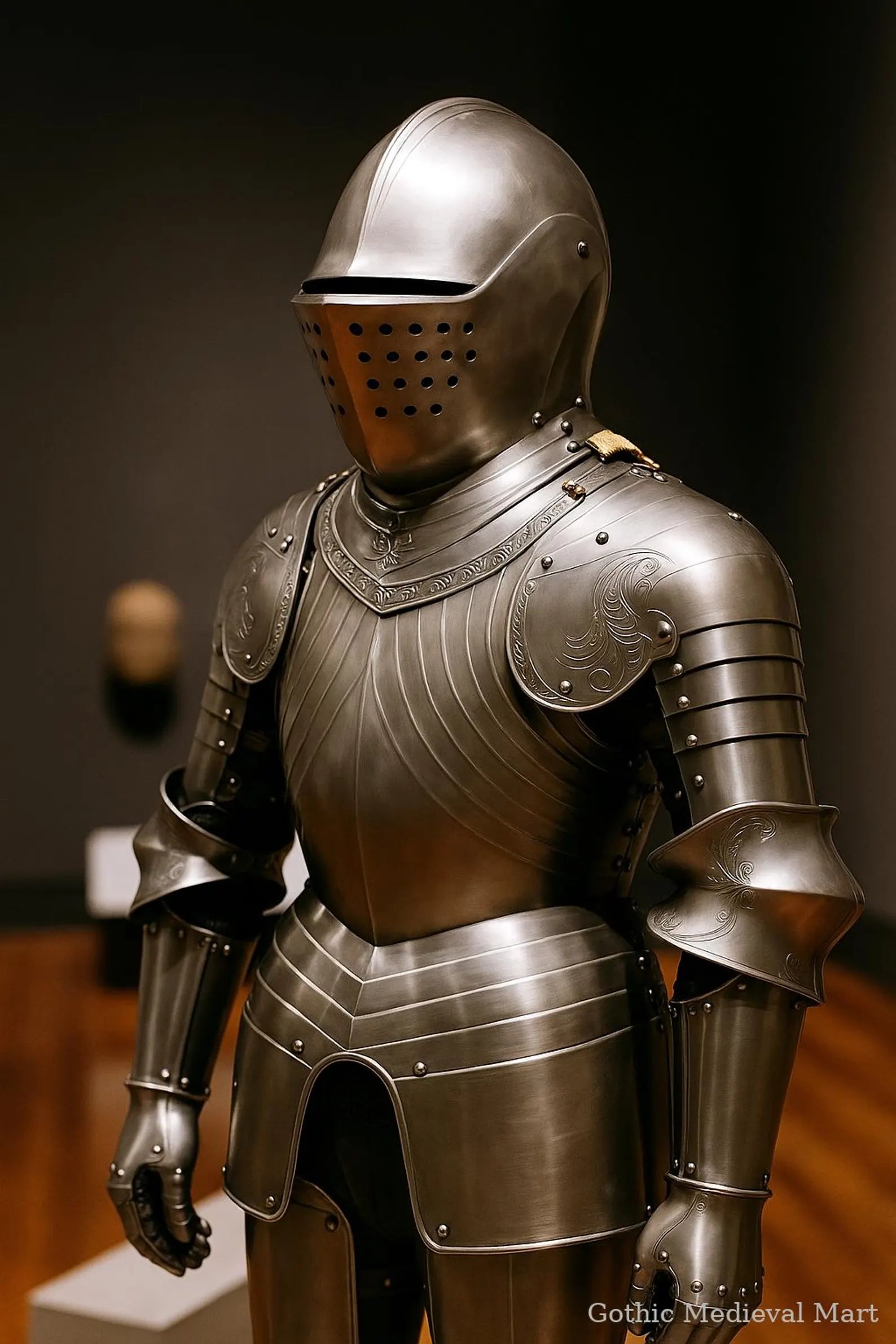 Front view of an engraved Gothic medieval full plate armor suit with a visor helmet and ornate etched steel detailing.