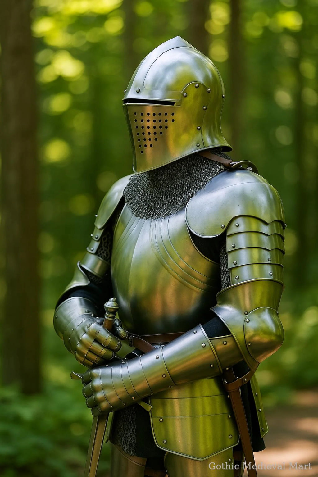 Person wearing full medieval armor standing in a forest