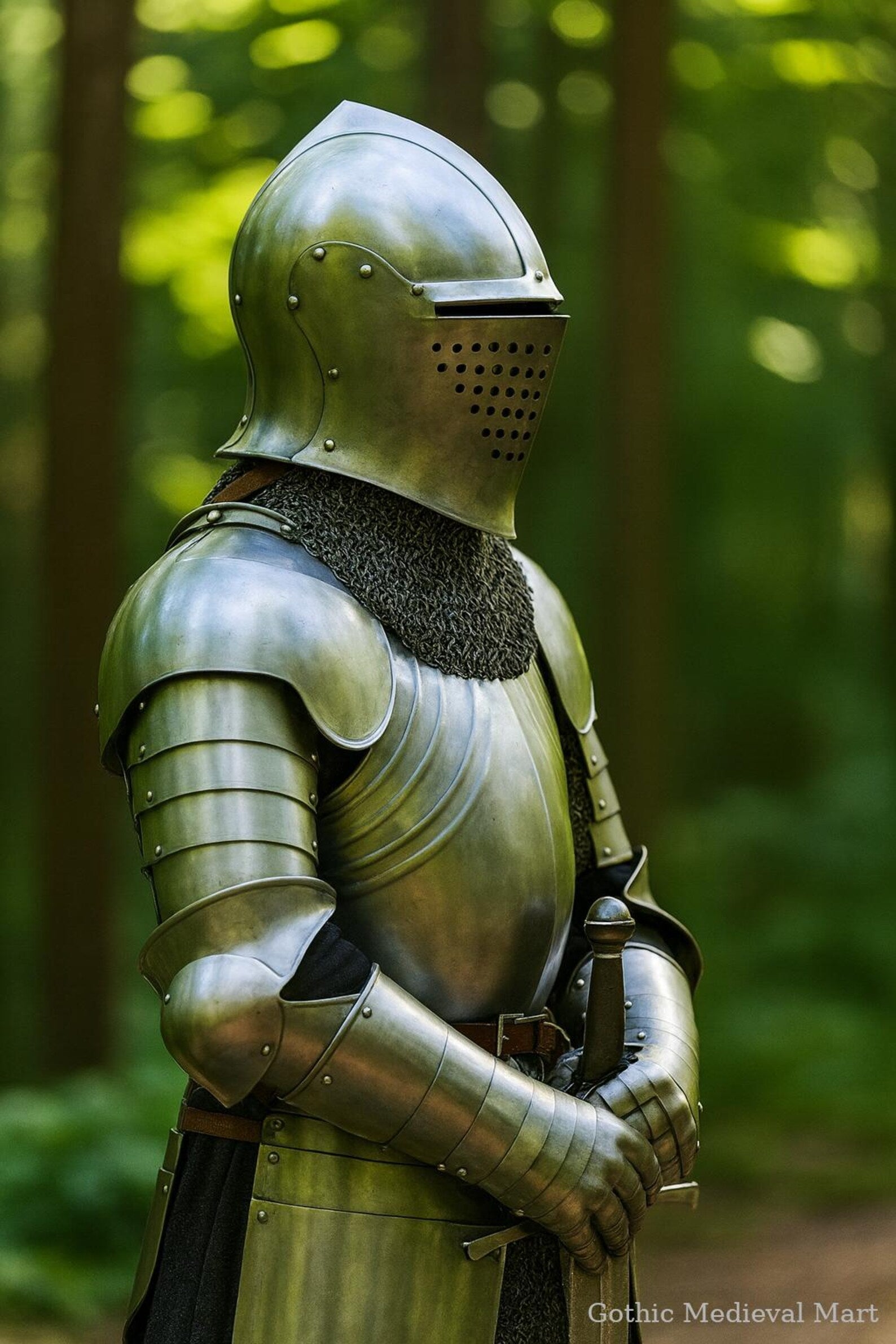 Medieval knight wearing a Gothic full plate armor suit with a visor helmet and chainmail, holding a sword in a forest setting.