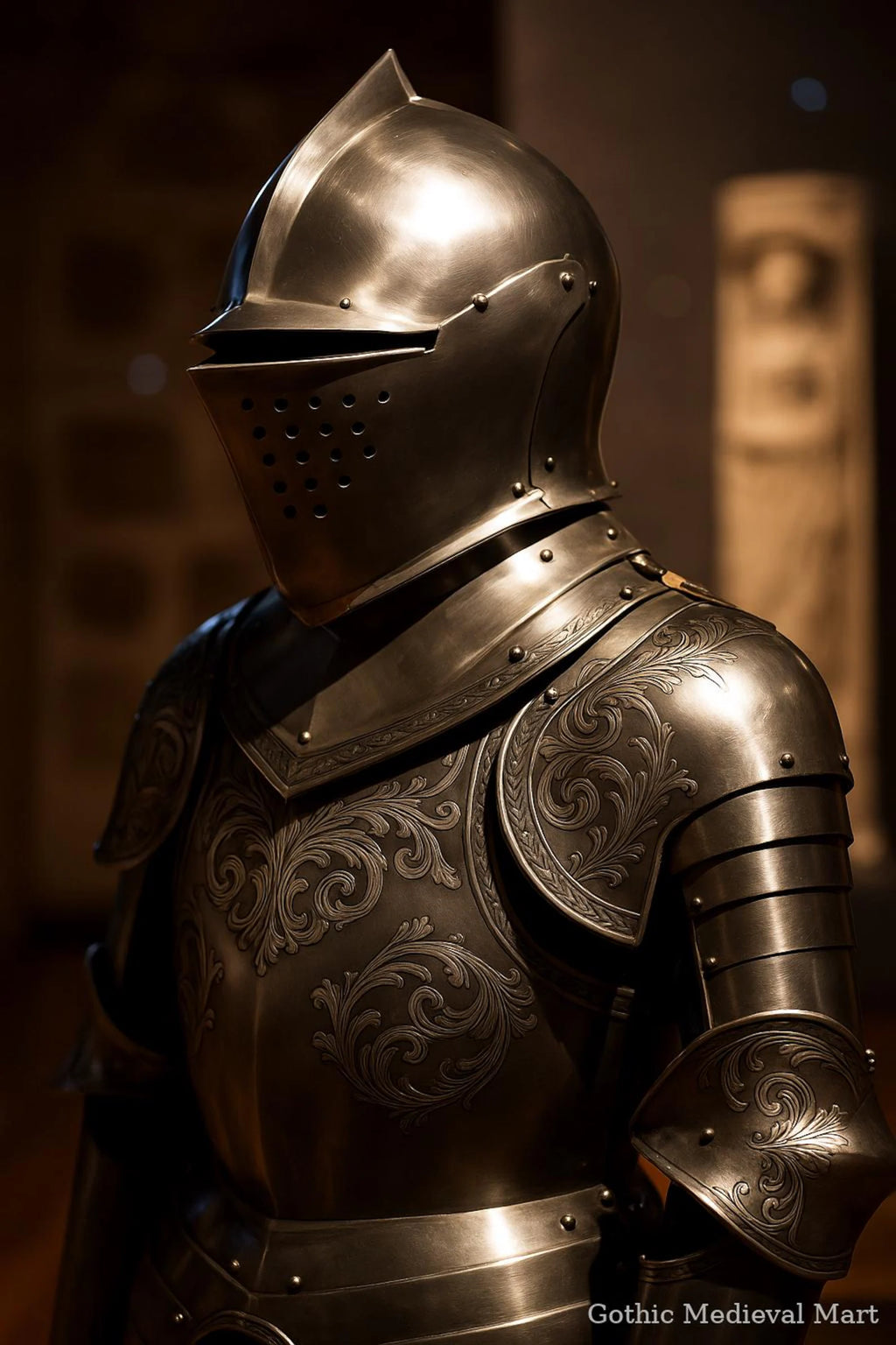Close-up of a detailed suit of armor with intricate designs, likely from a historical or fantasy setting.