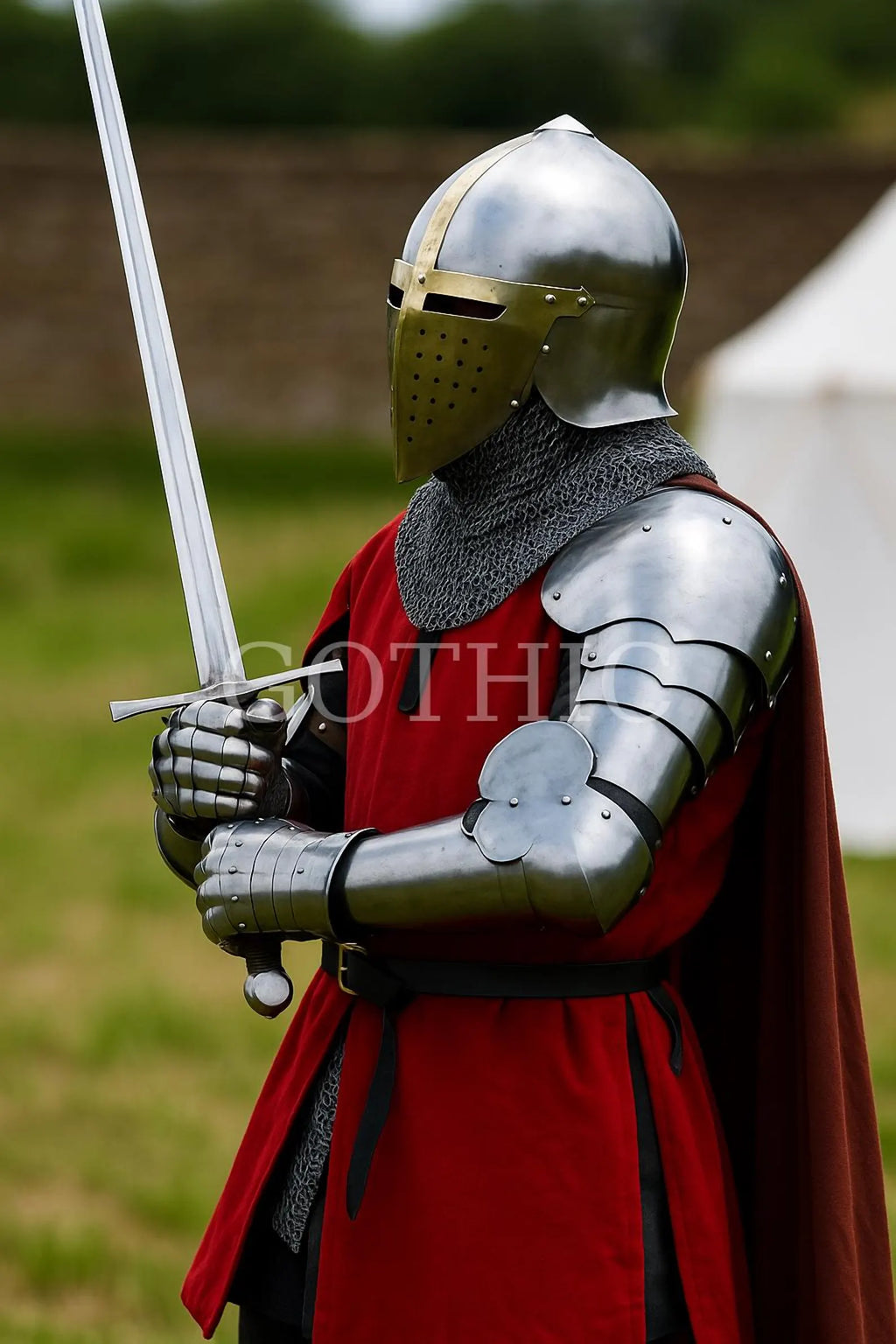 Medieval Crusader Knight Armor Set with Helmet and Chainmail – Full Body Steel Armor Costume