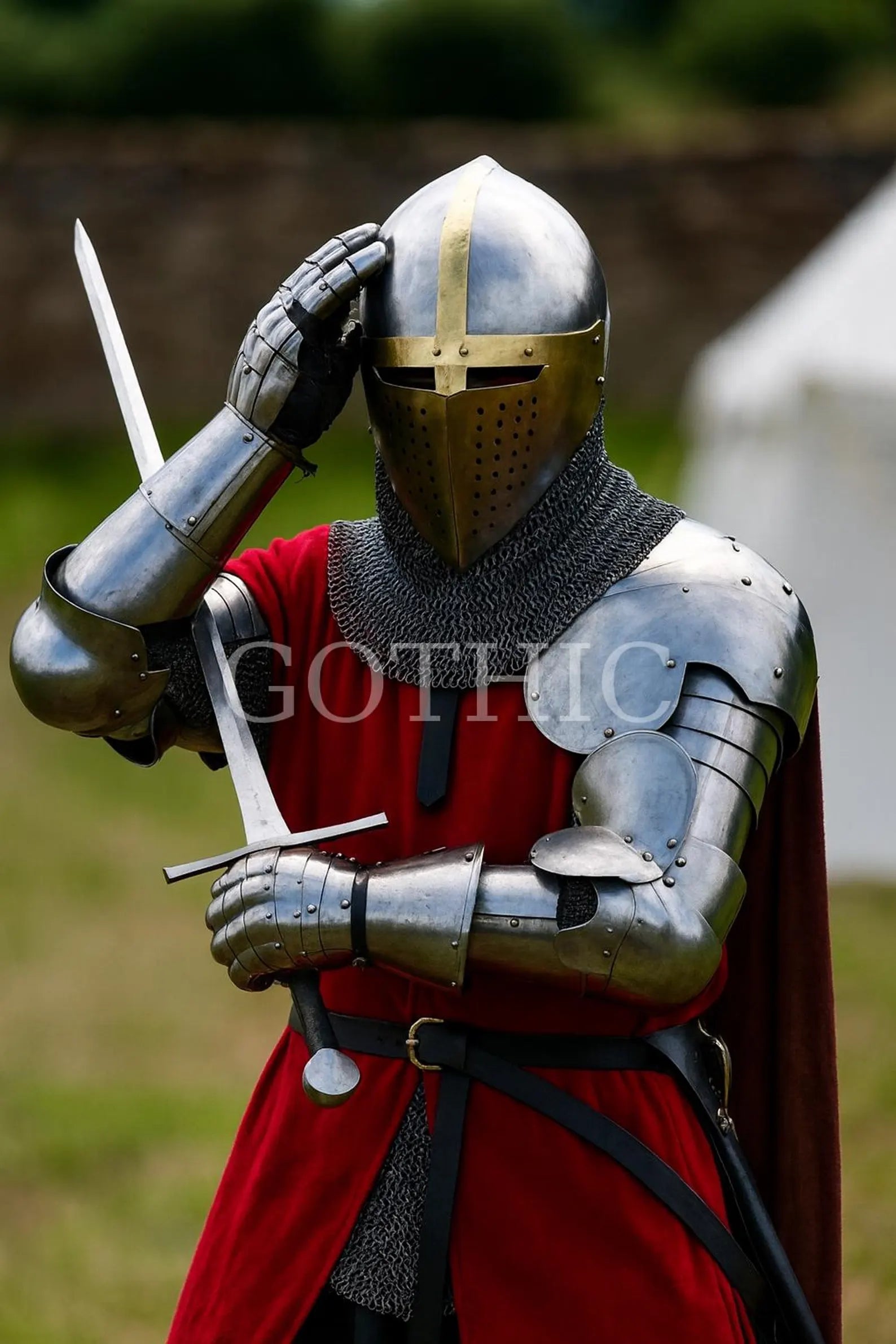 Medieval Crusader Knight Armor Set with Helmet and Chainmail – Full Body Steel Armor Costume