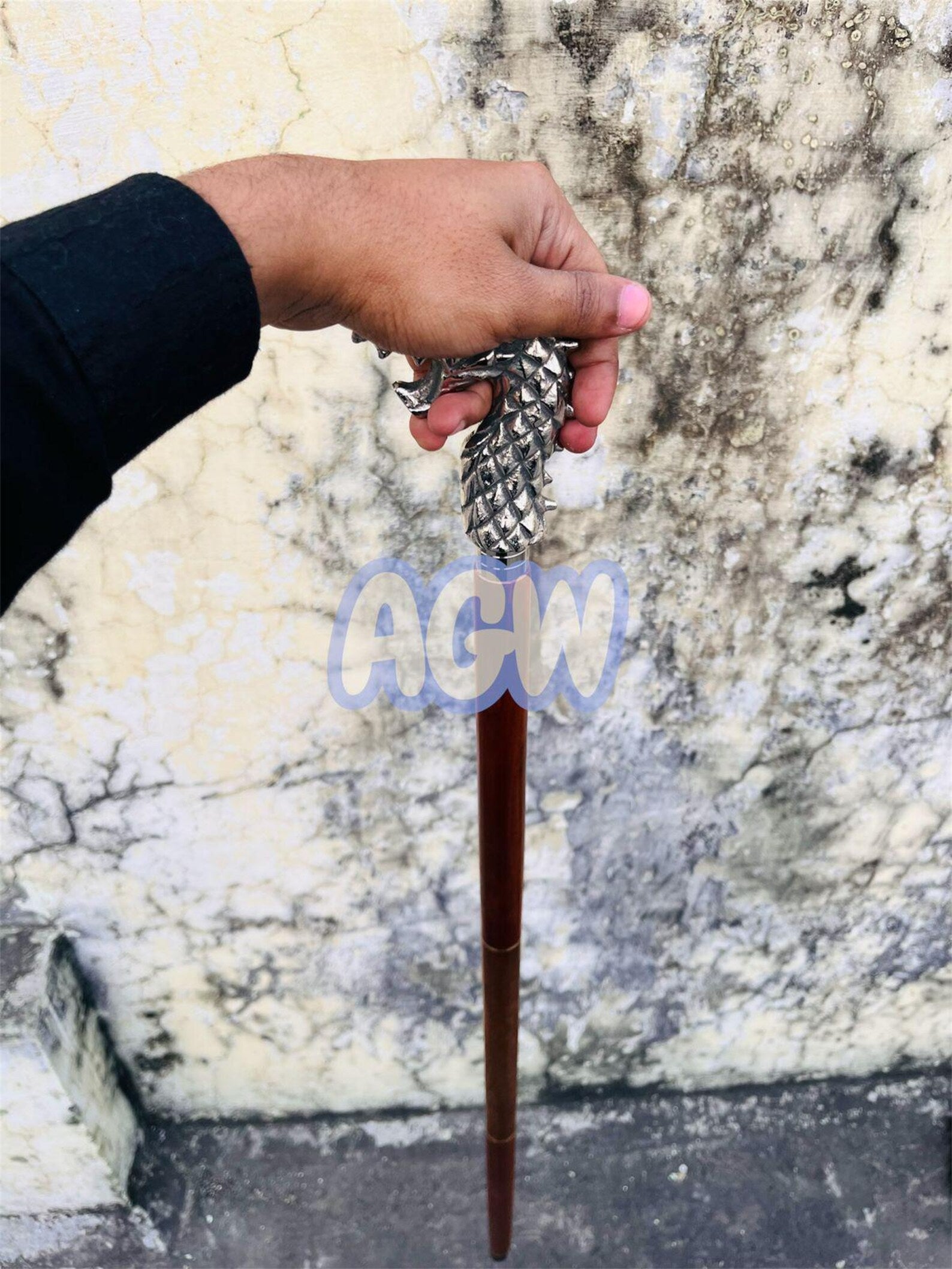 Dragon Head Walking Cane - Alloy Handle, Hardwood Shaft