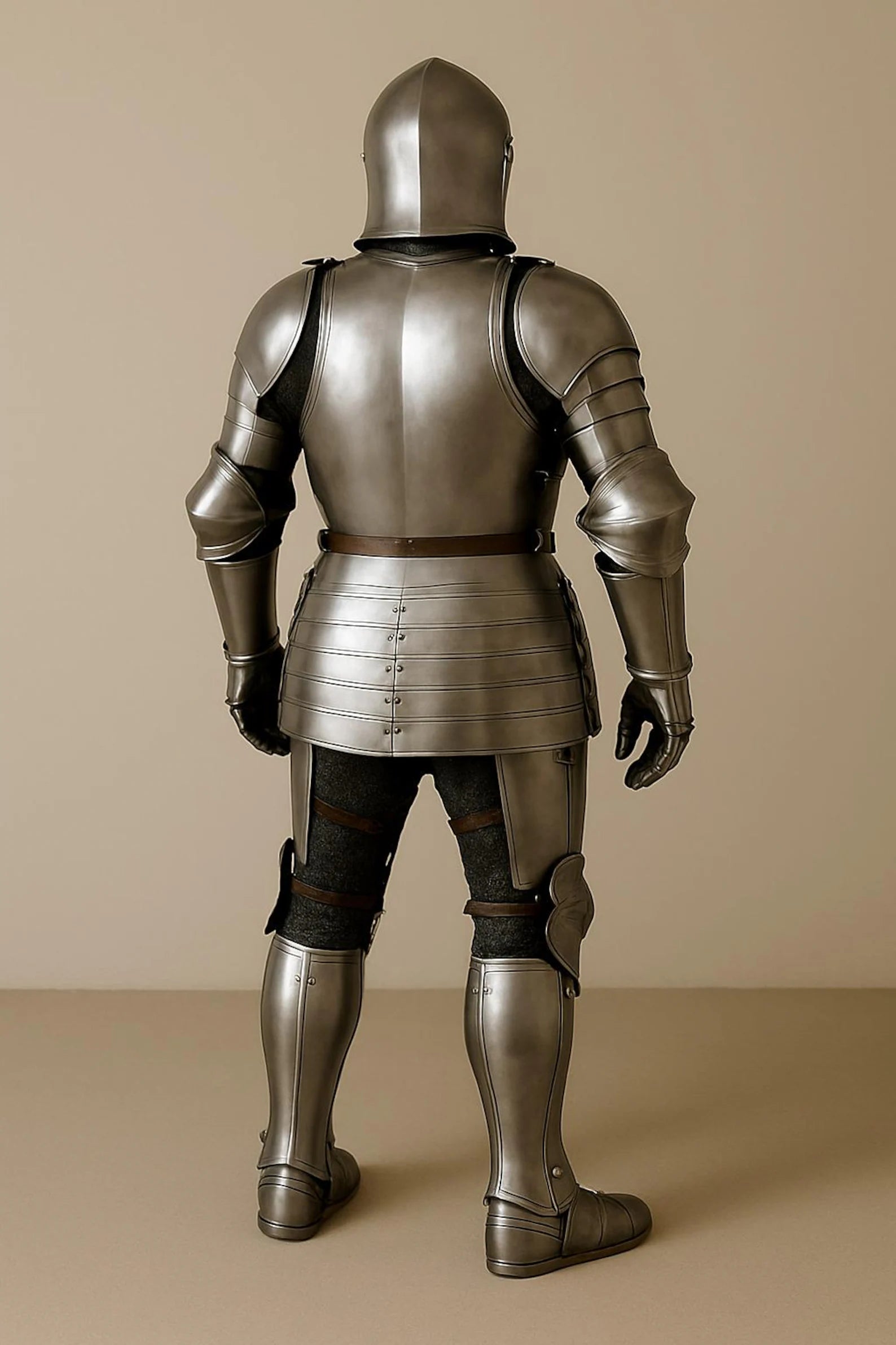 Full suit of medieval armor on a beige background