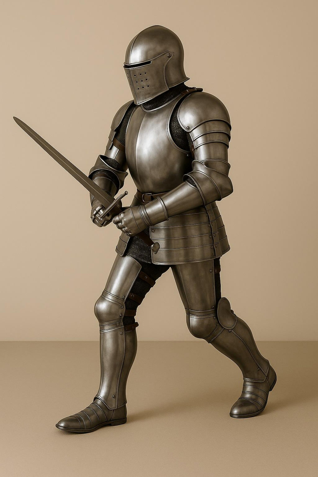 Full suit of medieval armor with a sword on a beige background