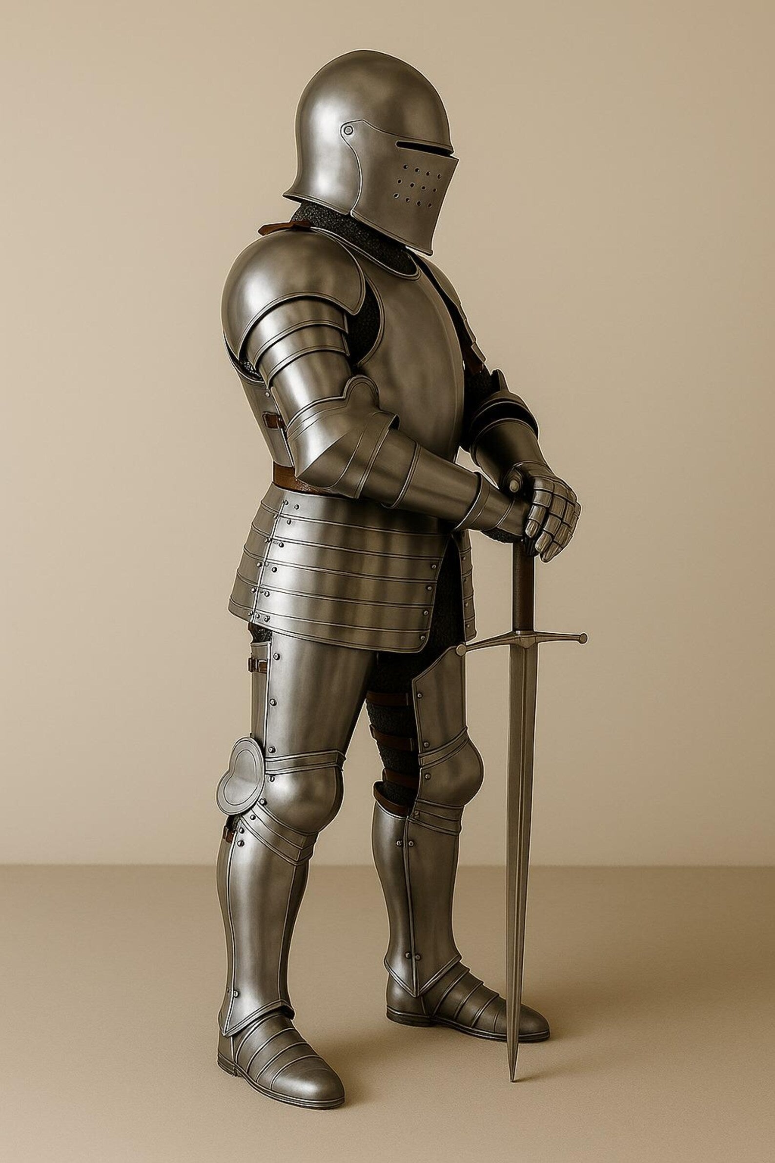 Medieval knight in full plate armor with a closed visor helmet, holding a sword and standing in a combat pose.
