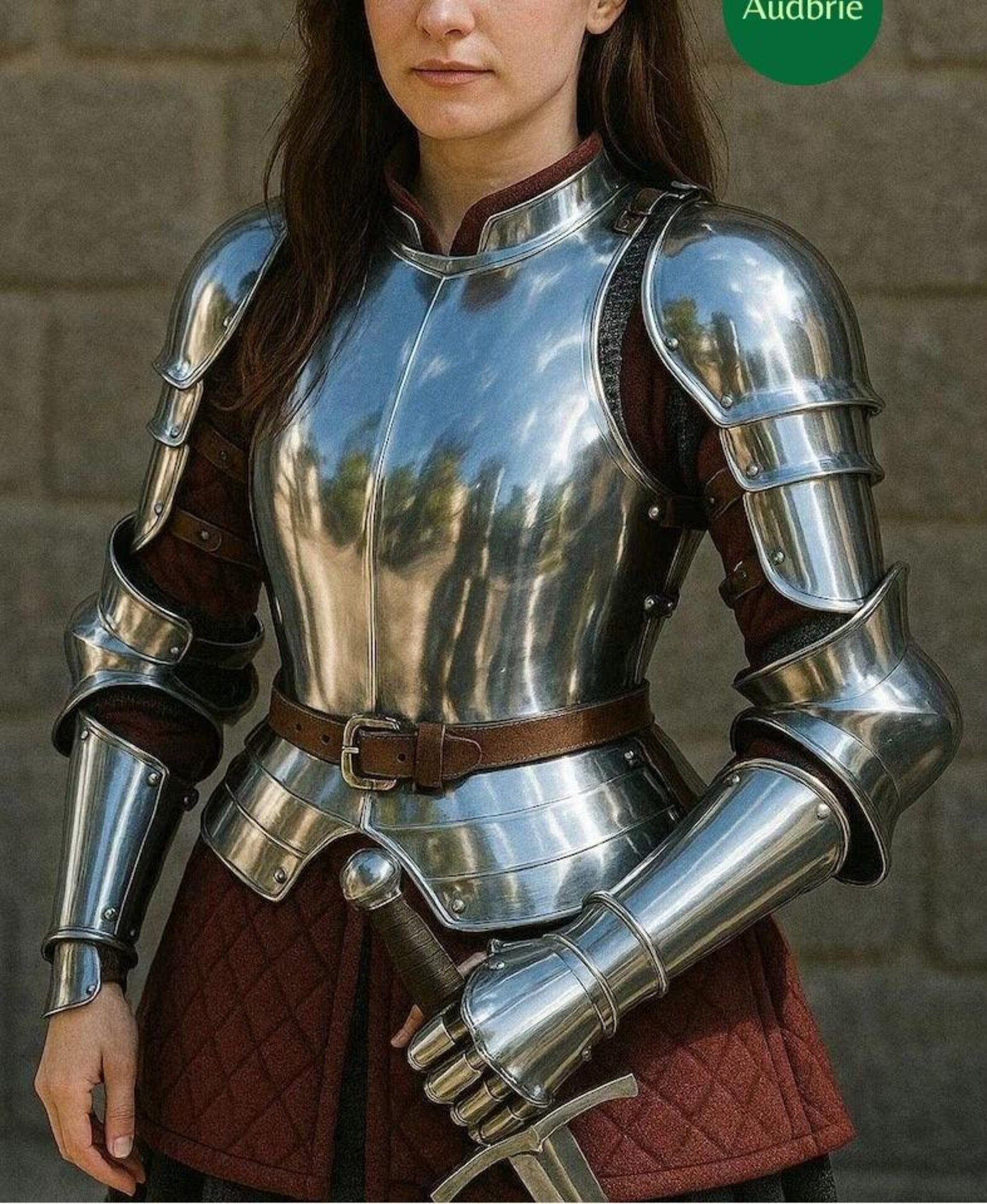 Woman wearing polished medieval steel armor suit with breastplate, pauldrons, and gauntlets while holding a sword.