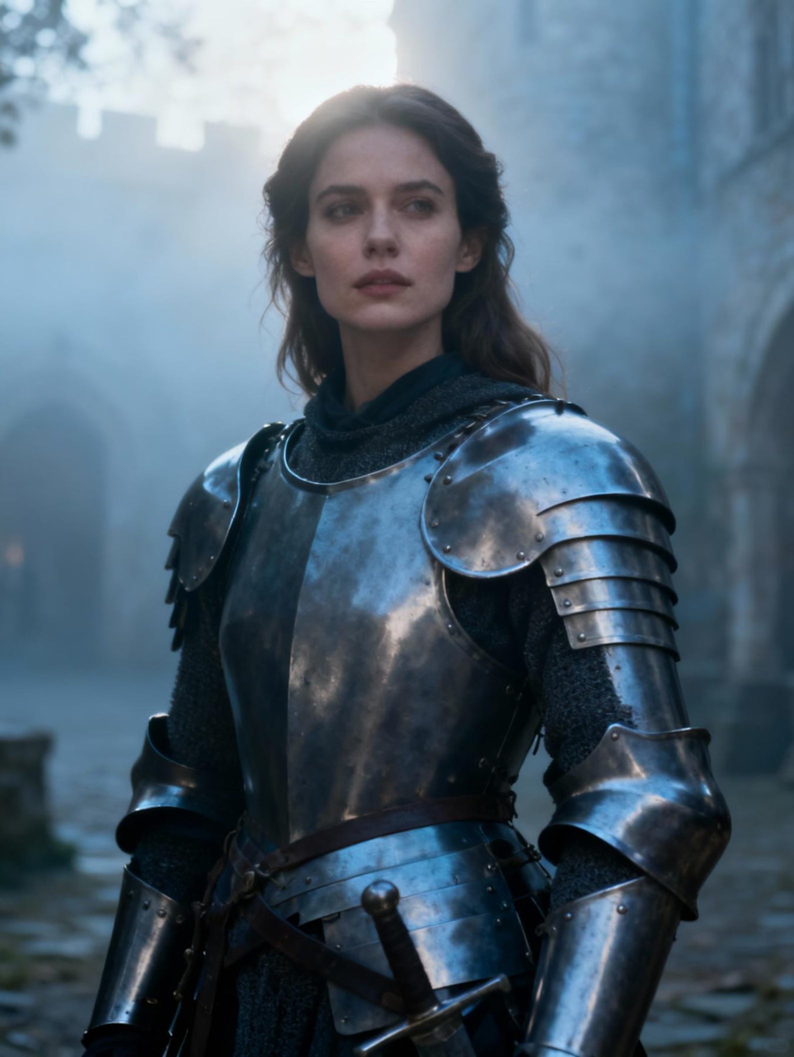 A medieval full plate armor knight standing in a stone courtyard, holding a longsword with detailed steel armor and chainmail.