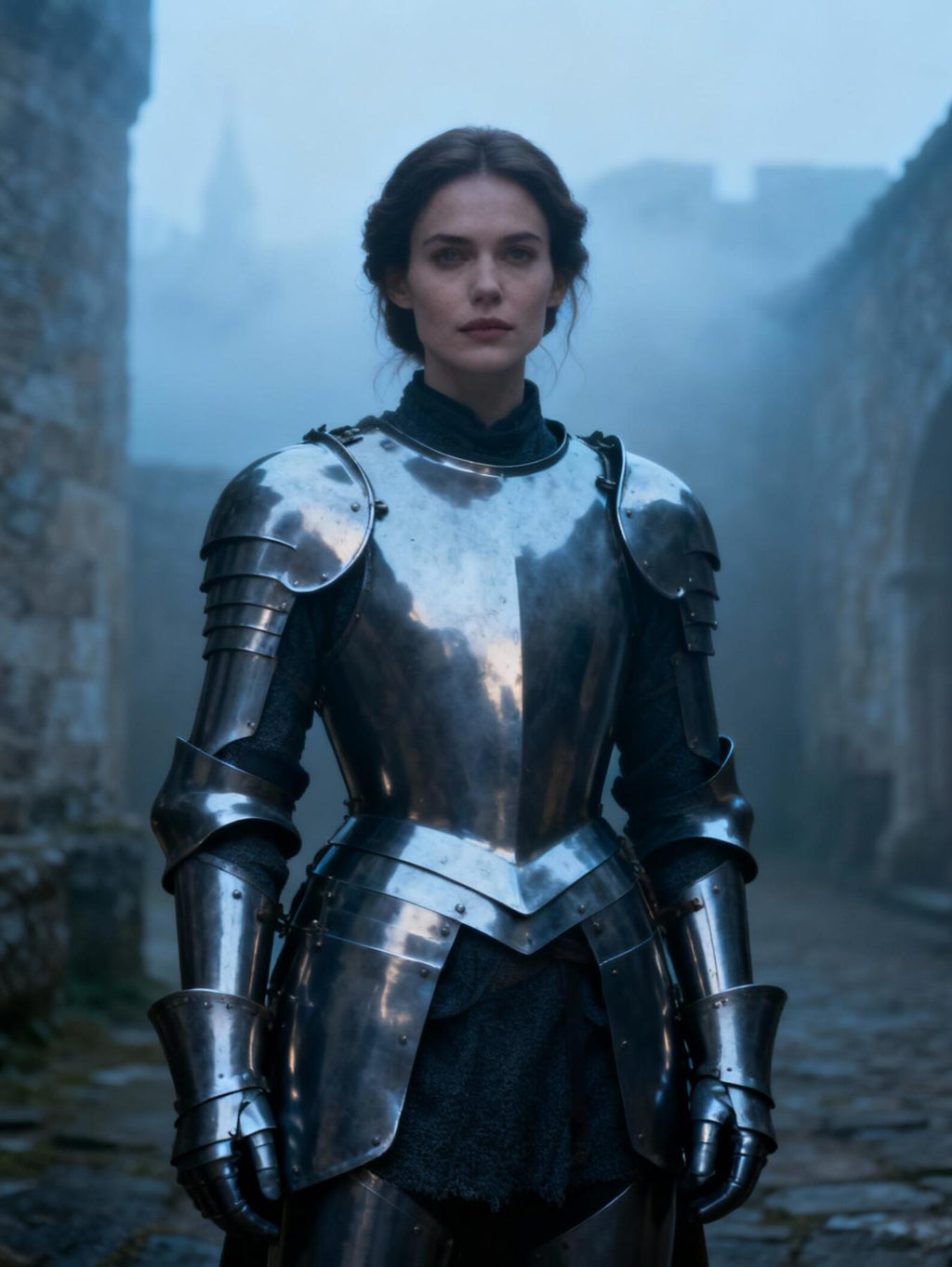 A medieval full plate armor knight standing in a stone courtyard, holding a longsword with detailed steel armor and chainmail.