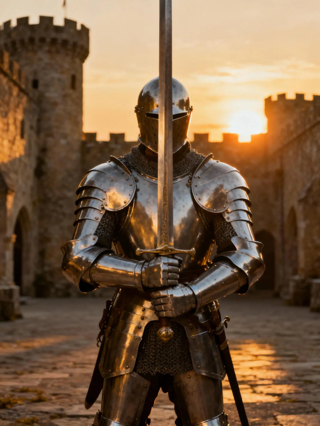 Knight in armor holding a sword in front of a castle at sunset