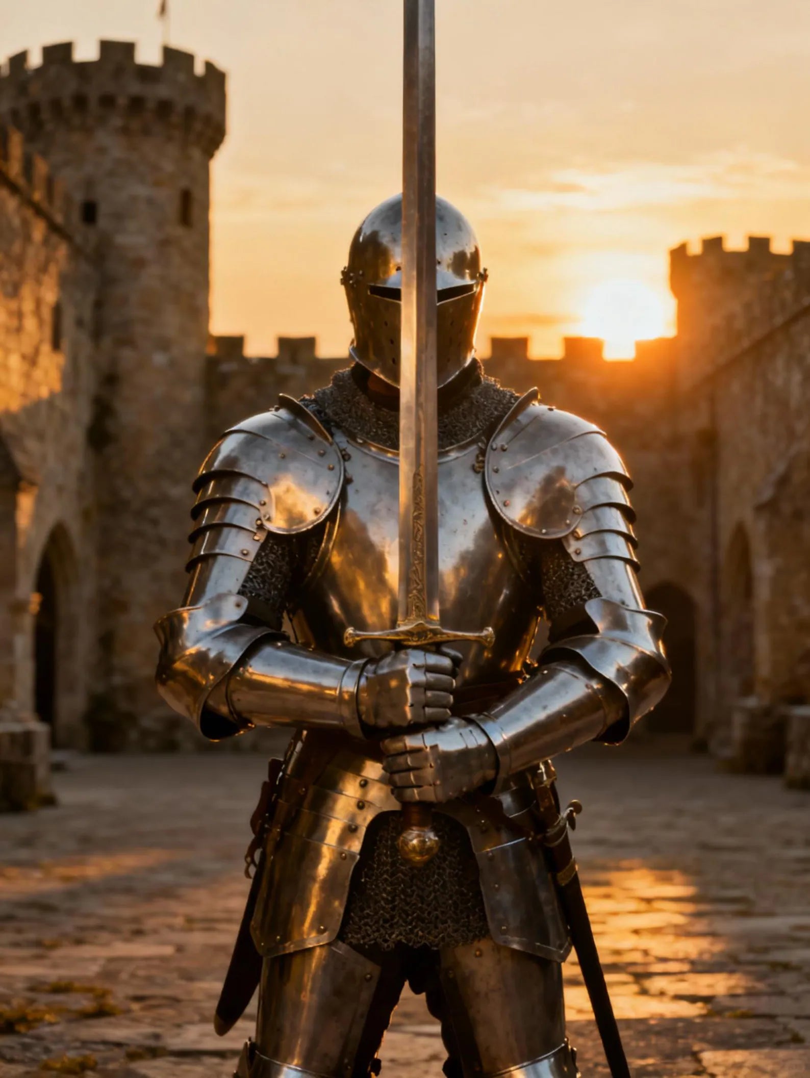 Knight in armor holding a sword in front of a castle at sunset