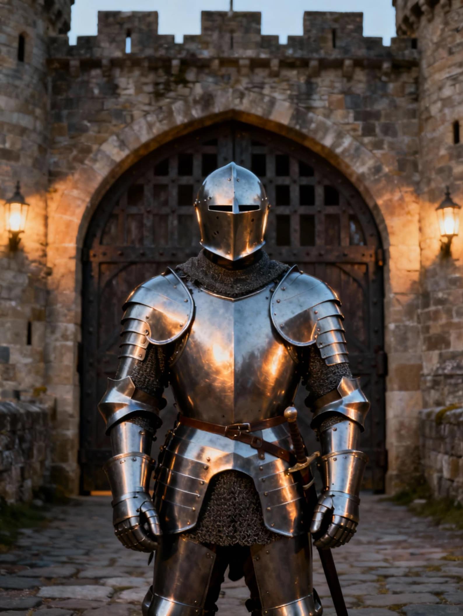 Person in full medieval armor standing in front of a stone castle gate.