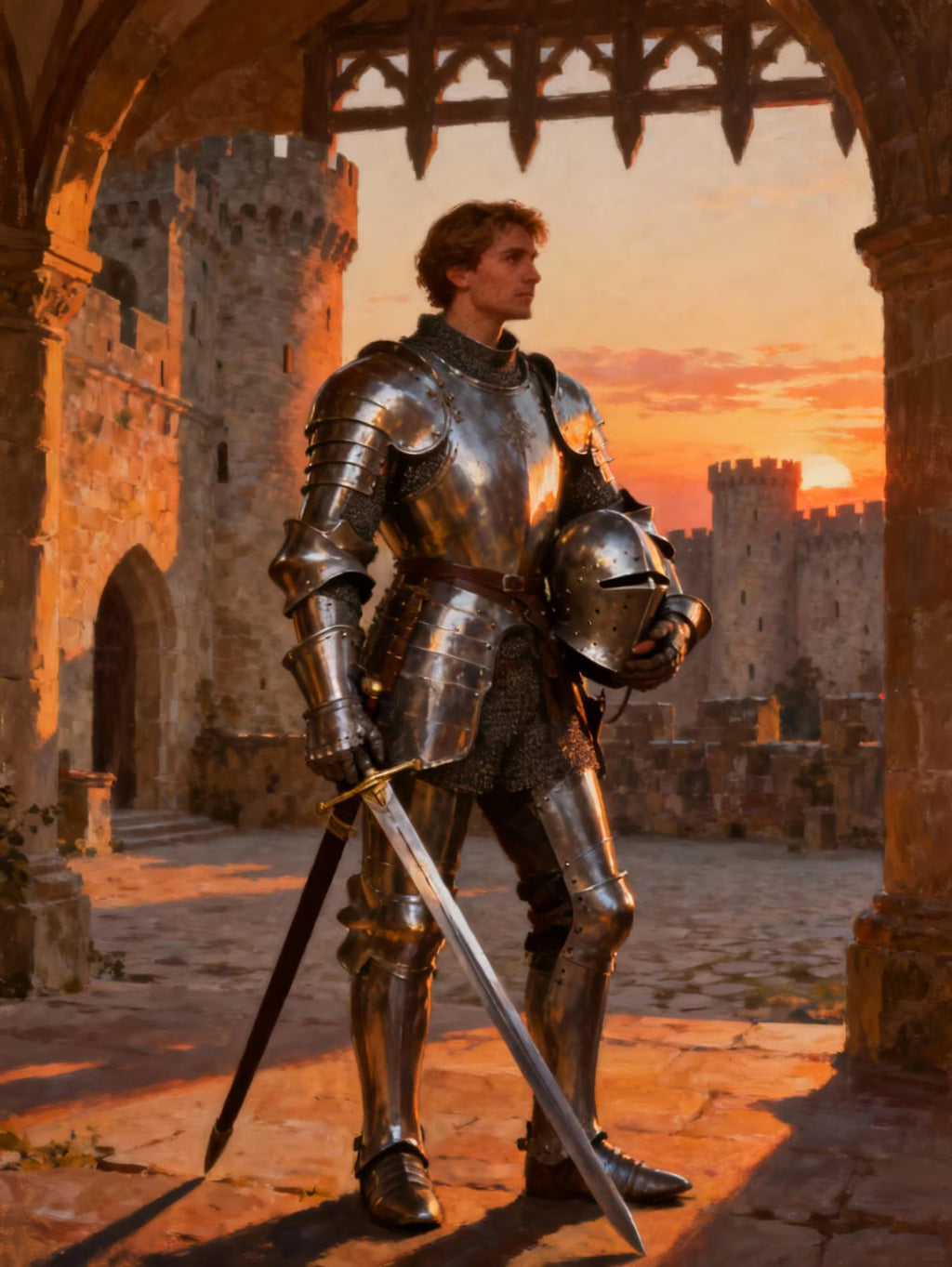 Full medieval plate armor suit with steel visor helmet, breastplate, arm guards, and leg armor.