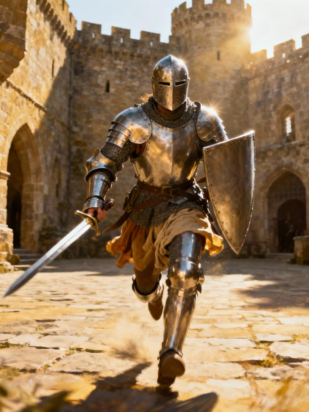 Knight in full armor with a sword and shield running towards an ancient castle.