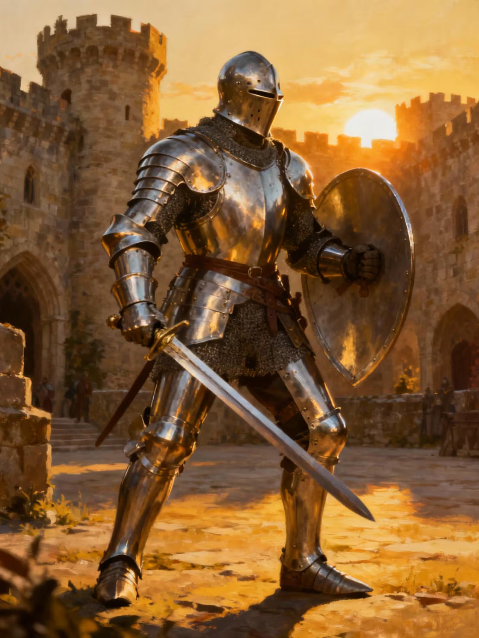 Full medieval plate armor suit with steel visor helmet, breastplate, arm guards, and leg armor.