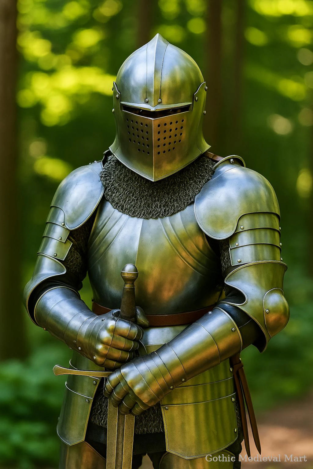 Medieval knight wearing a Gothic full plate armor suit with a visor helmet and chainmail, holding a sword in a forest setting.