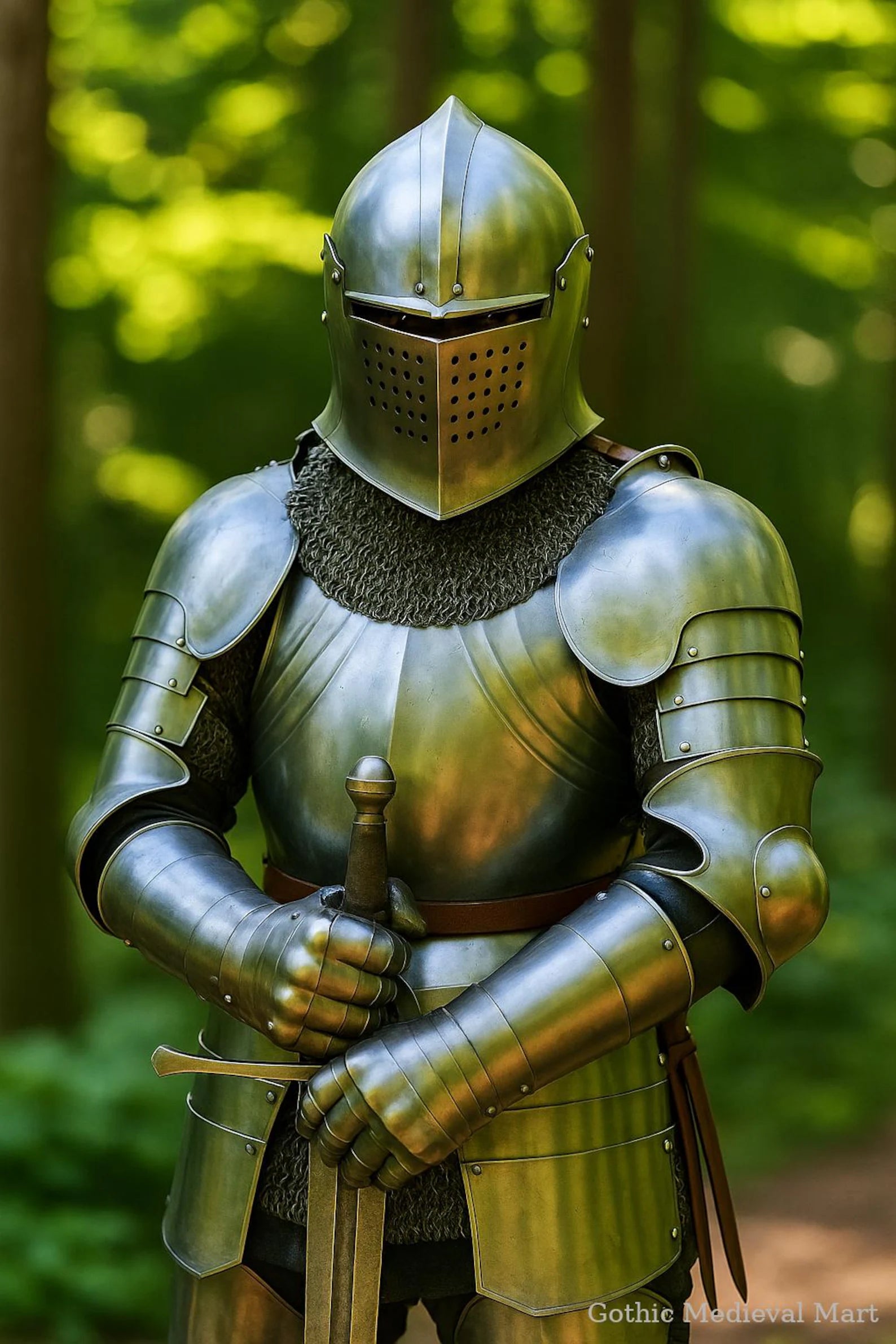 Medieval knight wearing a Gothic full plate armor suit with a visor helmet and chainmail, holding a sword in a forest setting.