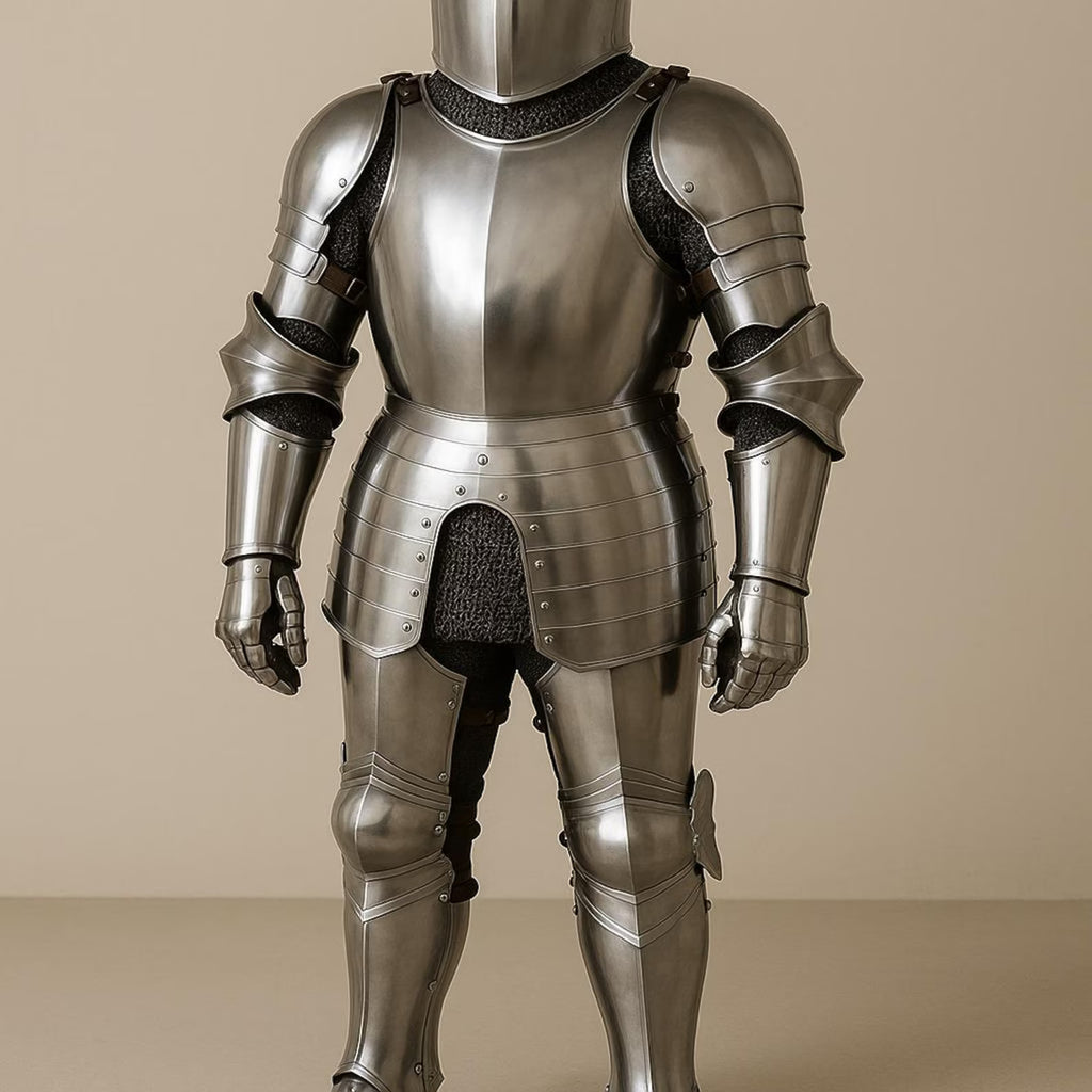 Full suit of medieval armor on a beige background