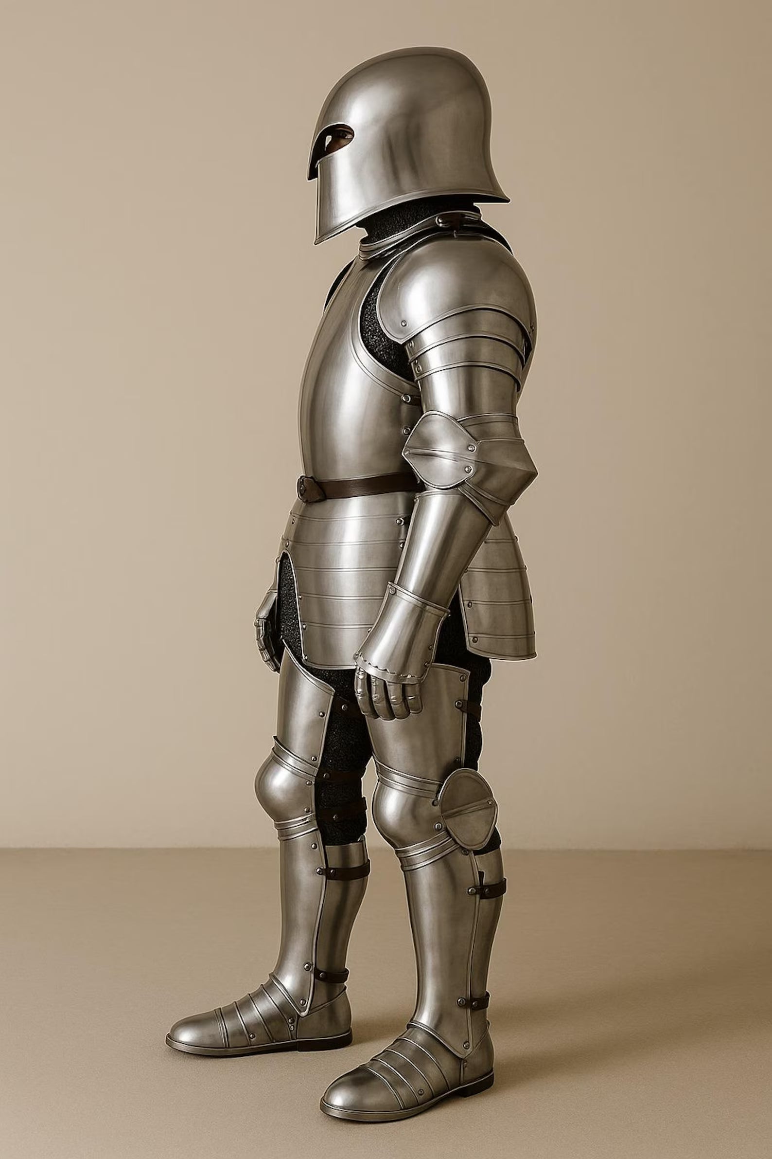 Medieval full plate armor suit with a closed steel helmet, raised arm pose, and polished metal body plates.