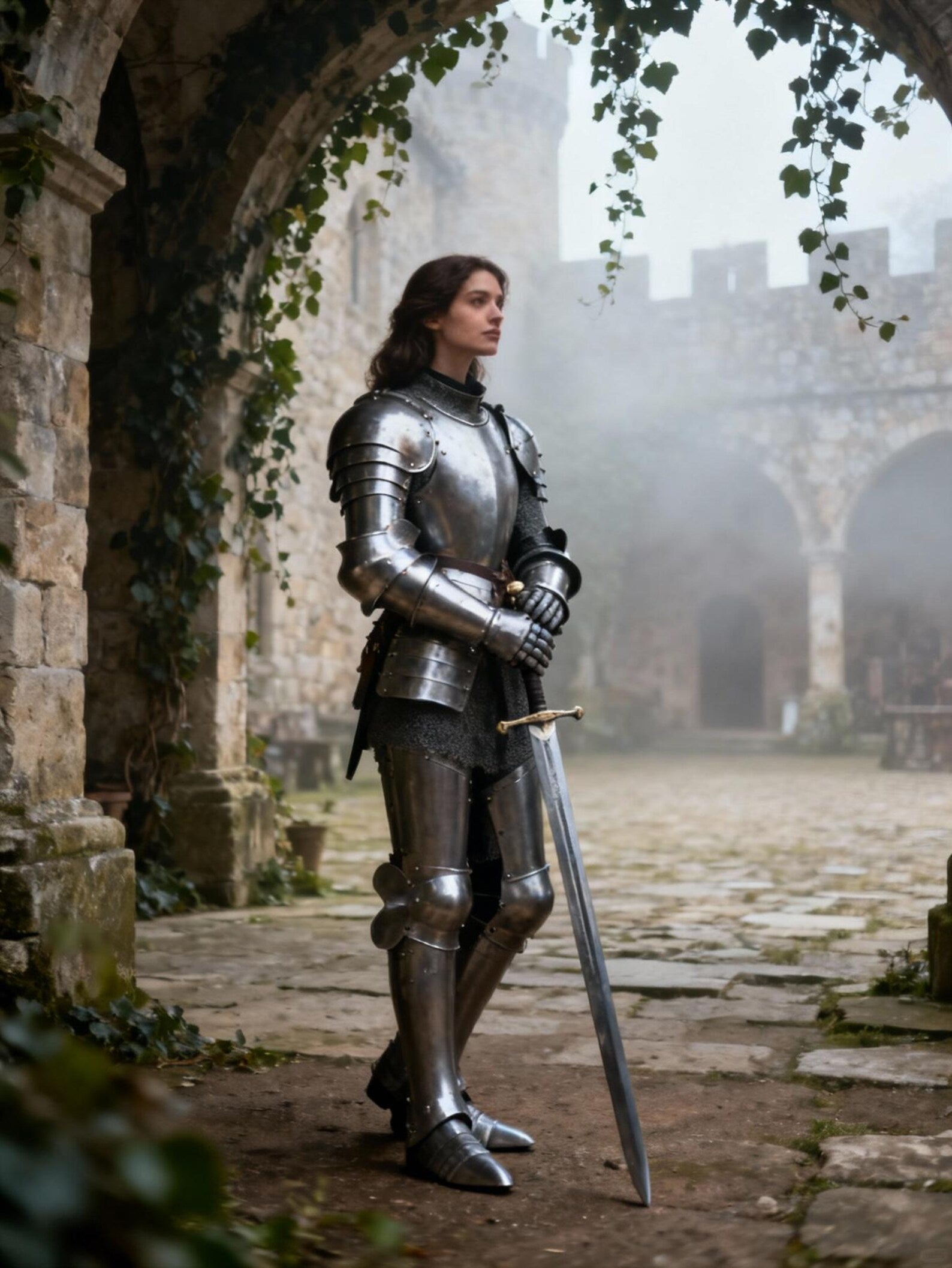 A medieval full plate armor knight standing in a stone courtyard, holding a longsword with detailed steel armor and chainmail.