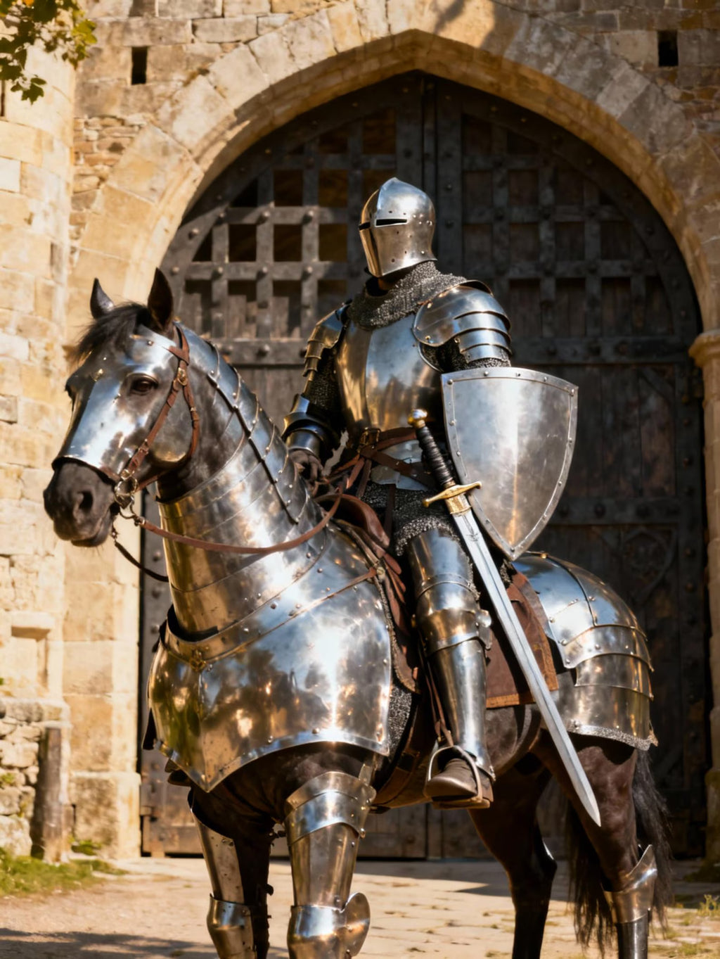 Full medieval plate armor suit with steel visor helmet, breastplate, arm guards, and leg armor.