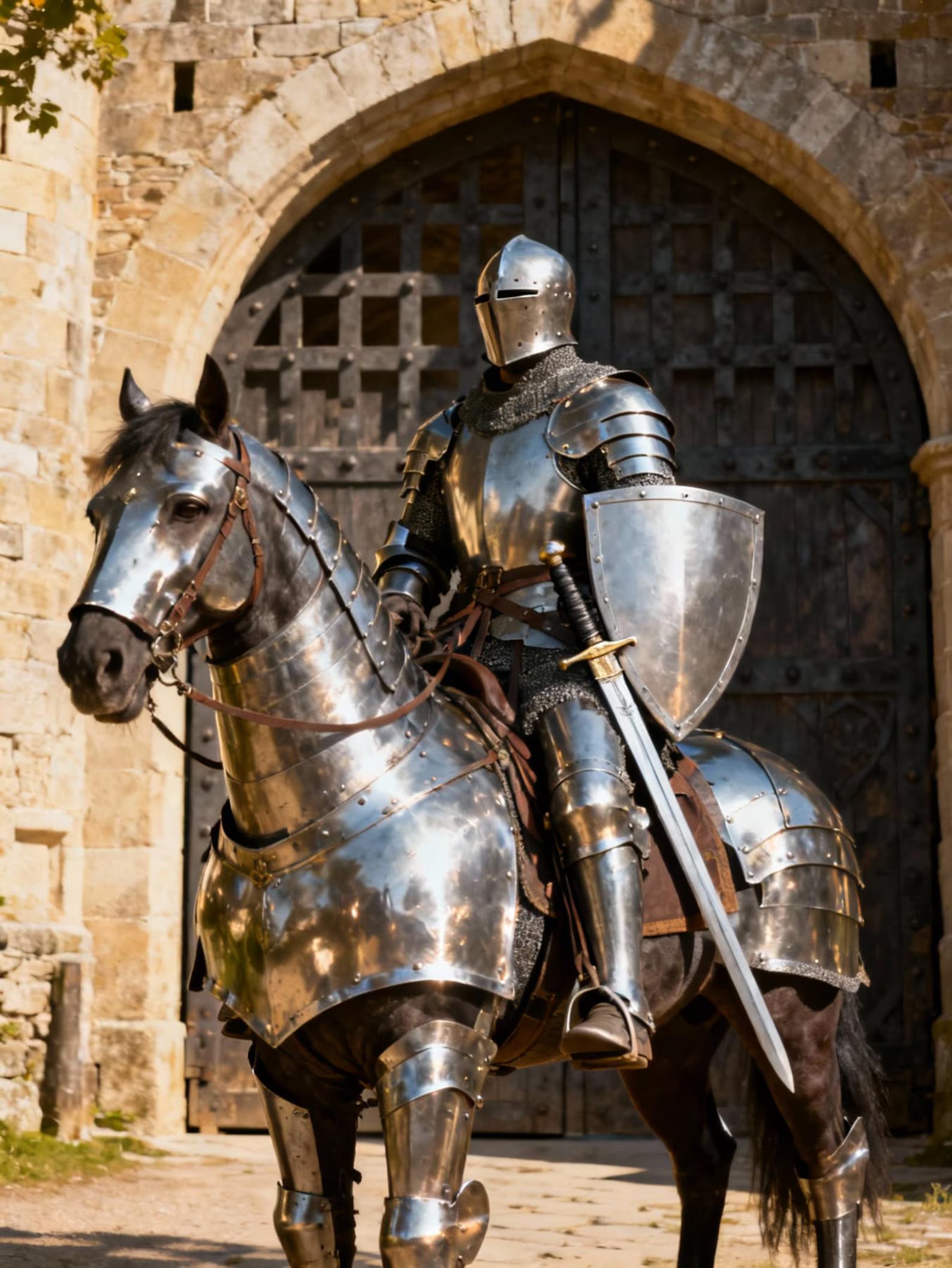 Full medieval plate armor suit with steel visor helmet, breastplate, arm guards, and leg armor.
