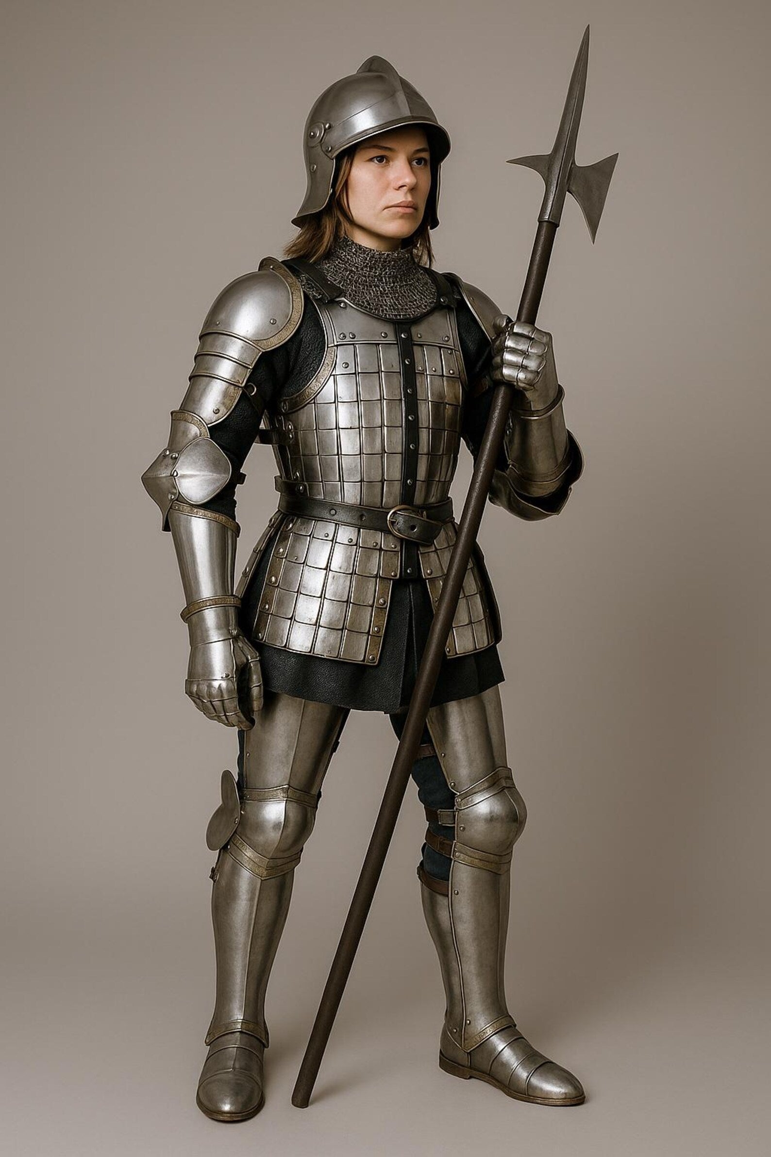 Full medieval knight plate armor suit with steel helmet, articulated body plates, gauntlets, greaves, and a polearm weapon.
