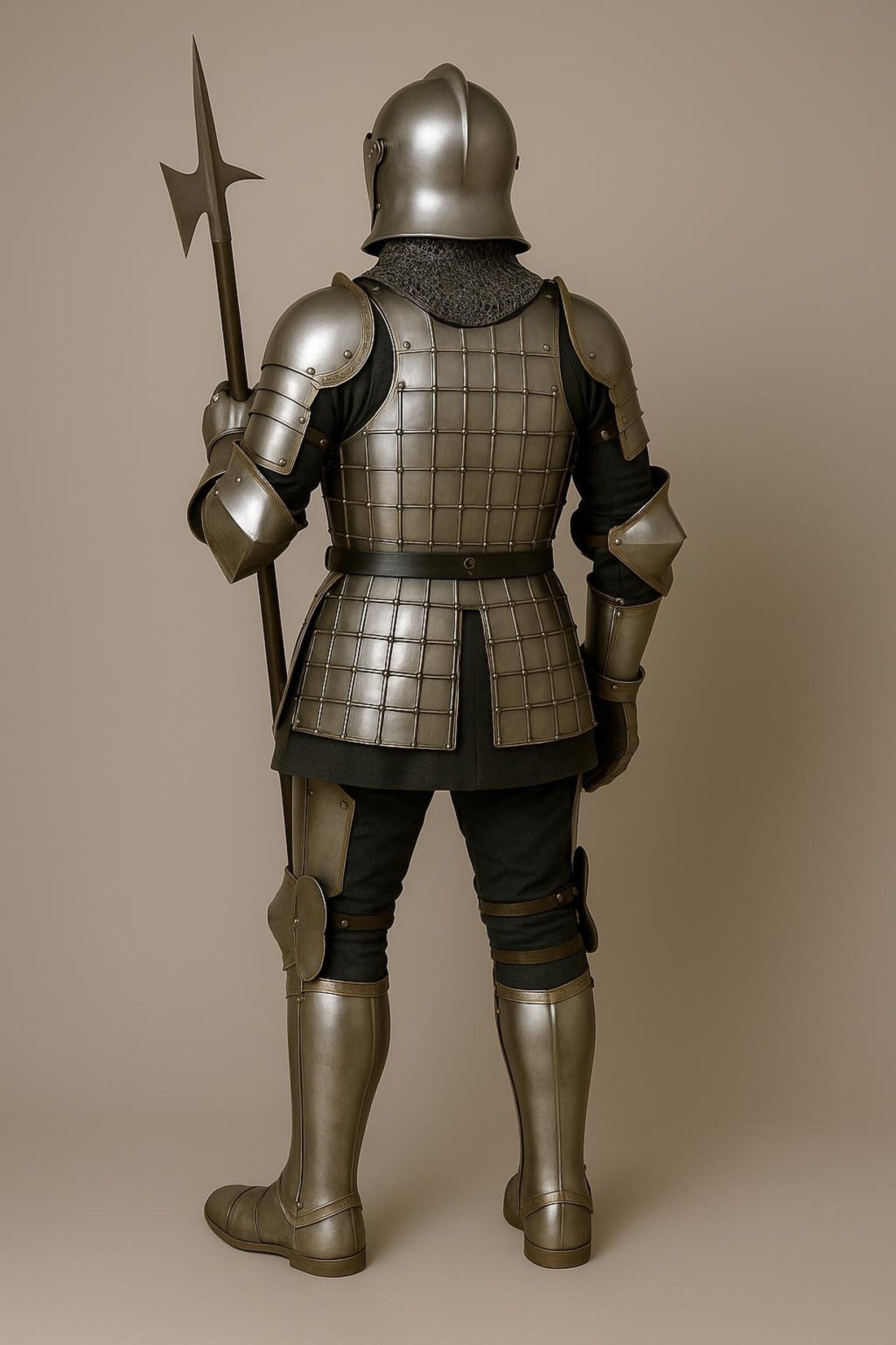 Full medieval knight plate armor suit with steel helmet, articulated body plates, gauntlets, greaves, and a polearm weapon.