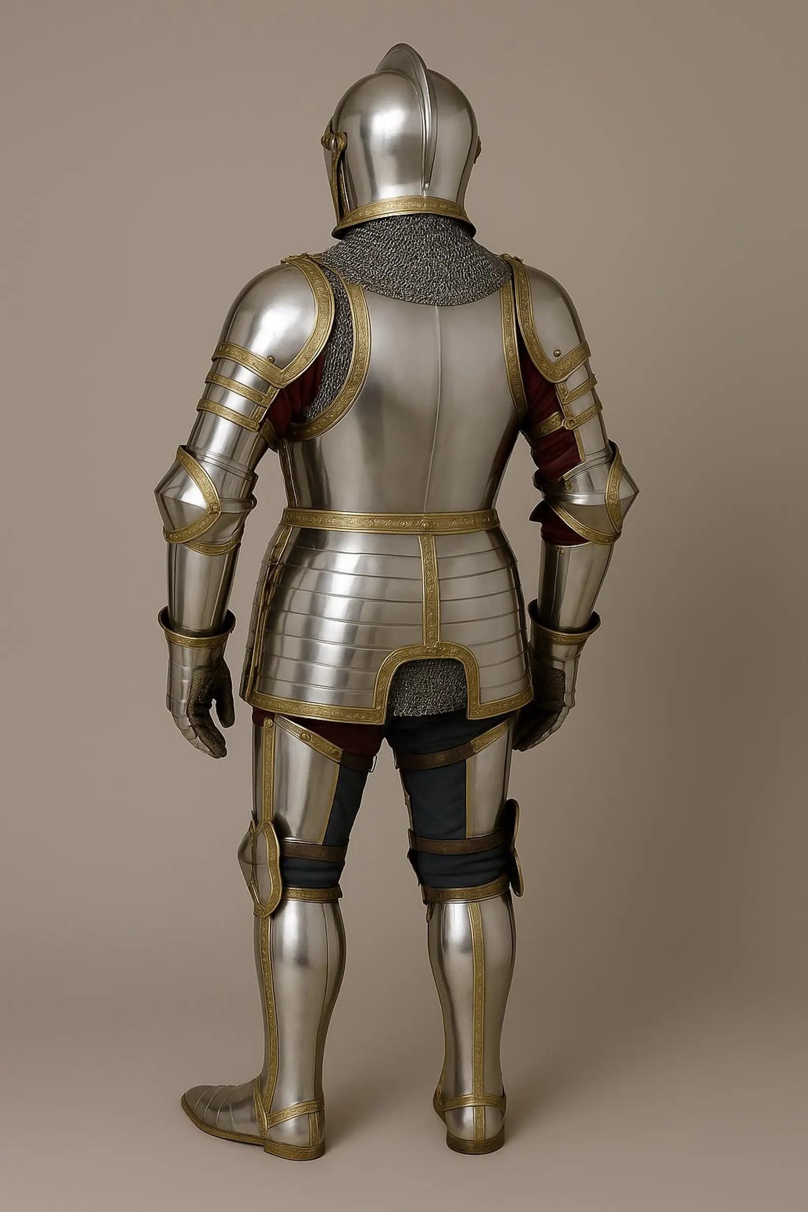 Full medieval knight plate armor suit with visor helmet, chainmail collar, polished steel plates, and gold trim details.