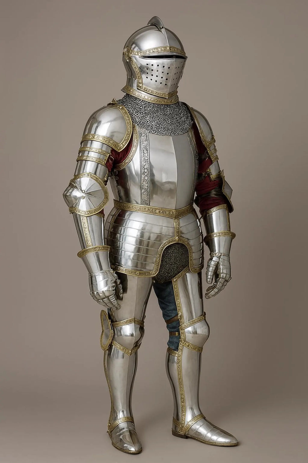 Full medieval knight plate armor suit with visor helmet, chainmail collar, polished steel plates, and gold trim details.