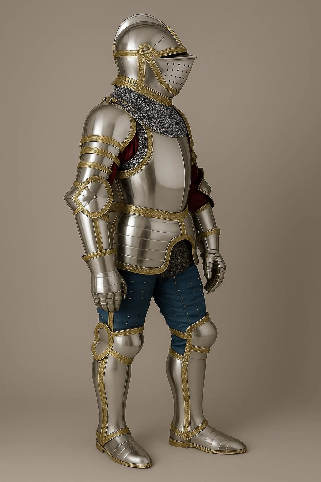 Full medieval knight plate armor suit with visor helmet, chainmail collar, polished steel plates, and gold trim details.