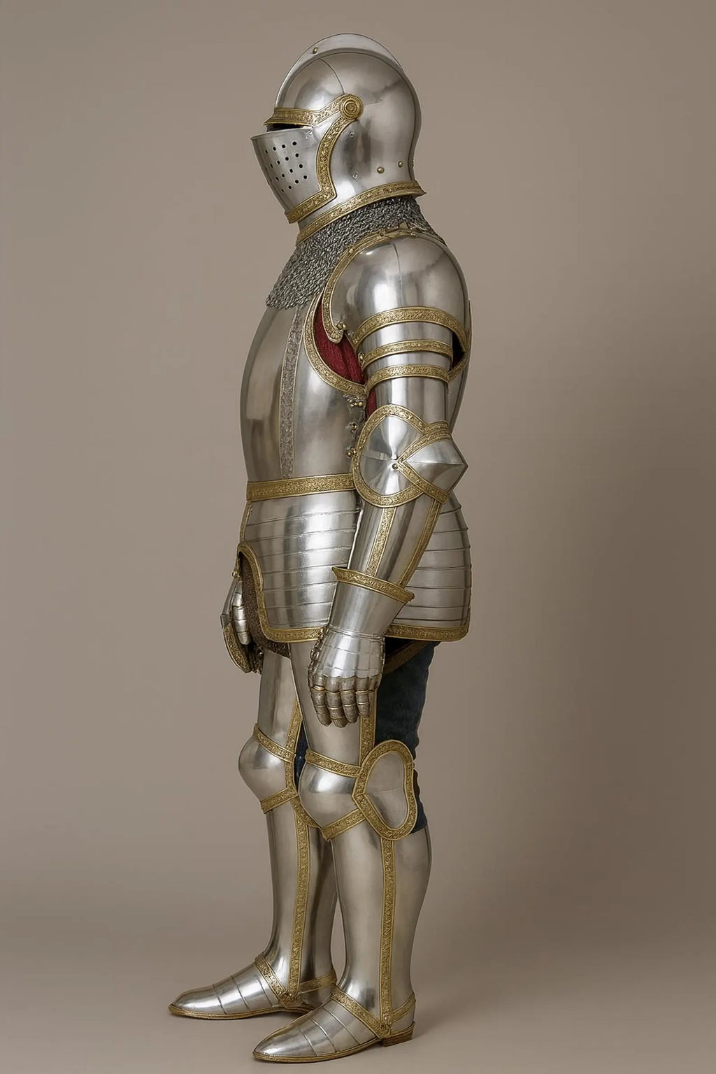 Full medieval knight plate armor suit with visor helmet, chainmail collar, polished steel plates, and gold trim details.