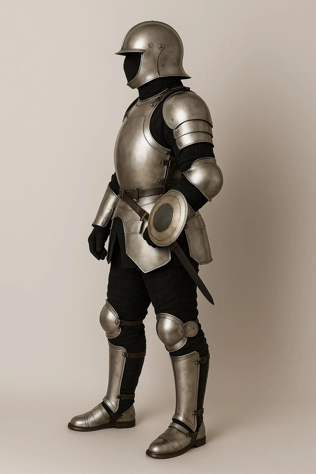 Person wearing full medieval armor on a plain background