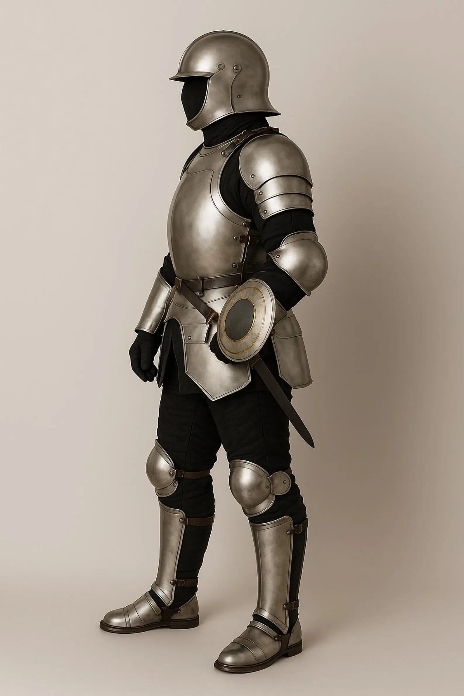 Person wearing full medieval armor on a plain background