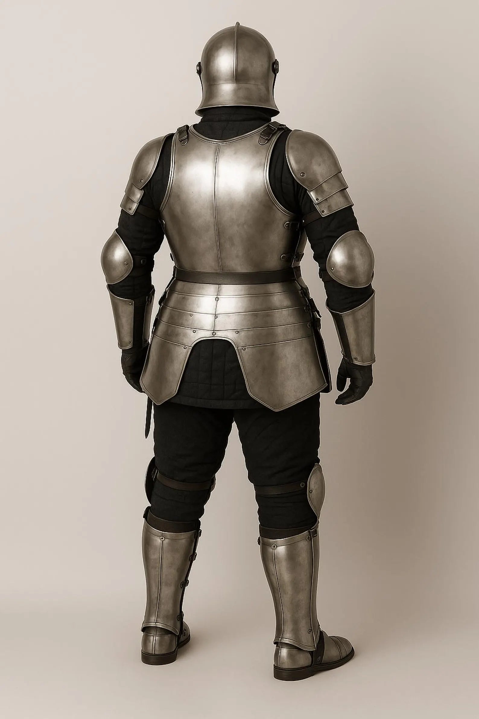 Full medieval steel infantry armor suit with helmet, breastplate, arm guards, leg plates, and a small buckler shield.