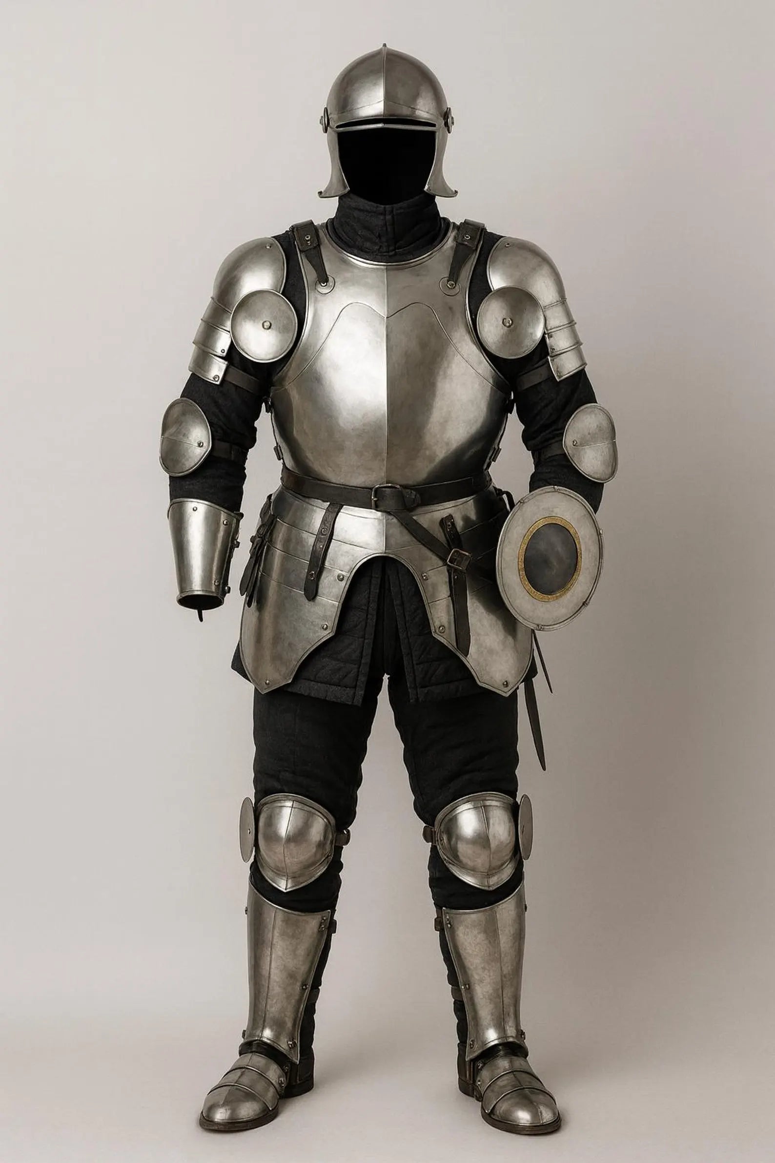 Full medieval steel infantry armor suit with helmet, breastplate, arm guards, leg plates, and a small buckler shield.