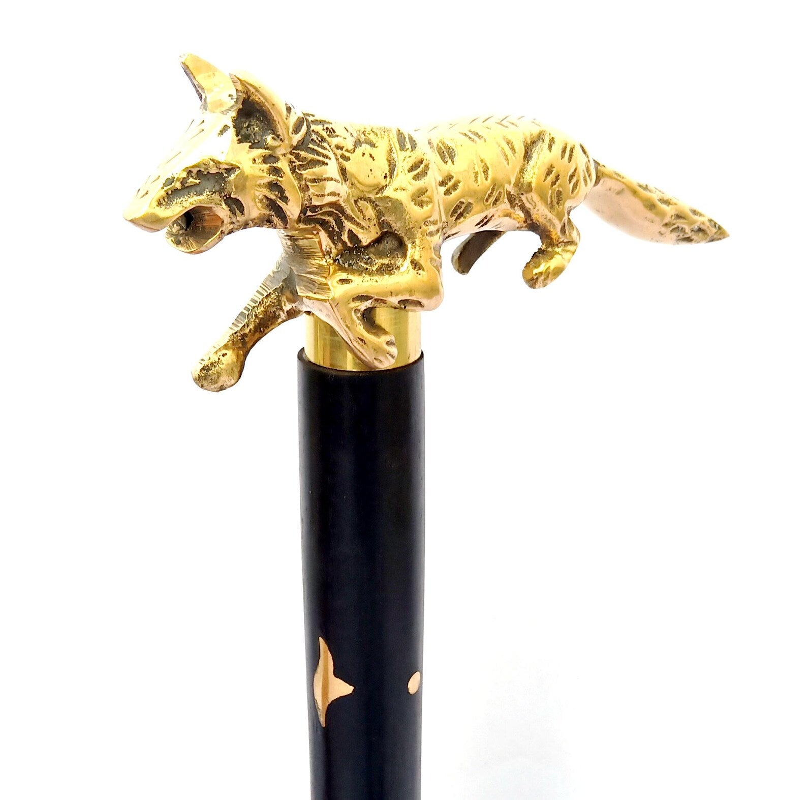 Handcrafted Brass Fox Handle Walking Stick Wooden Cane Vintage Style Collectible • Handmade Gift • Decorative Walking Cane for Men & Women